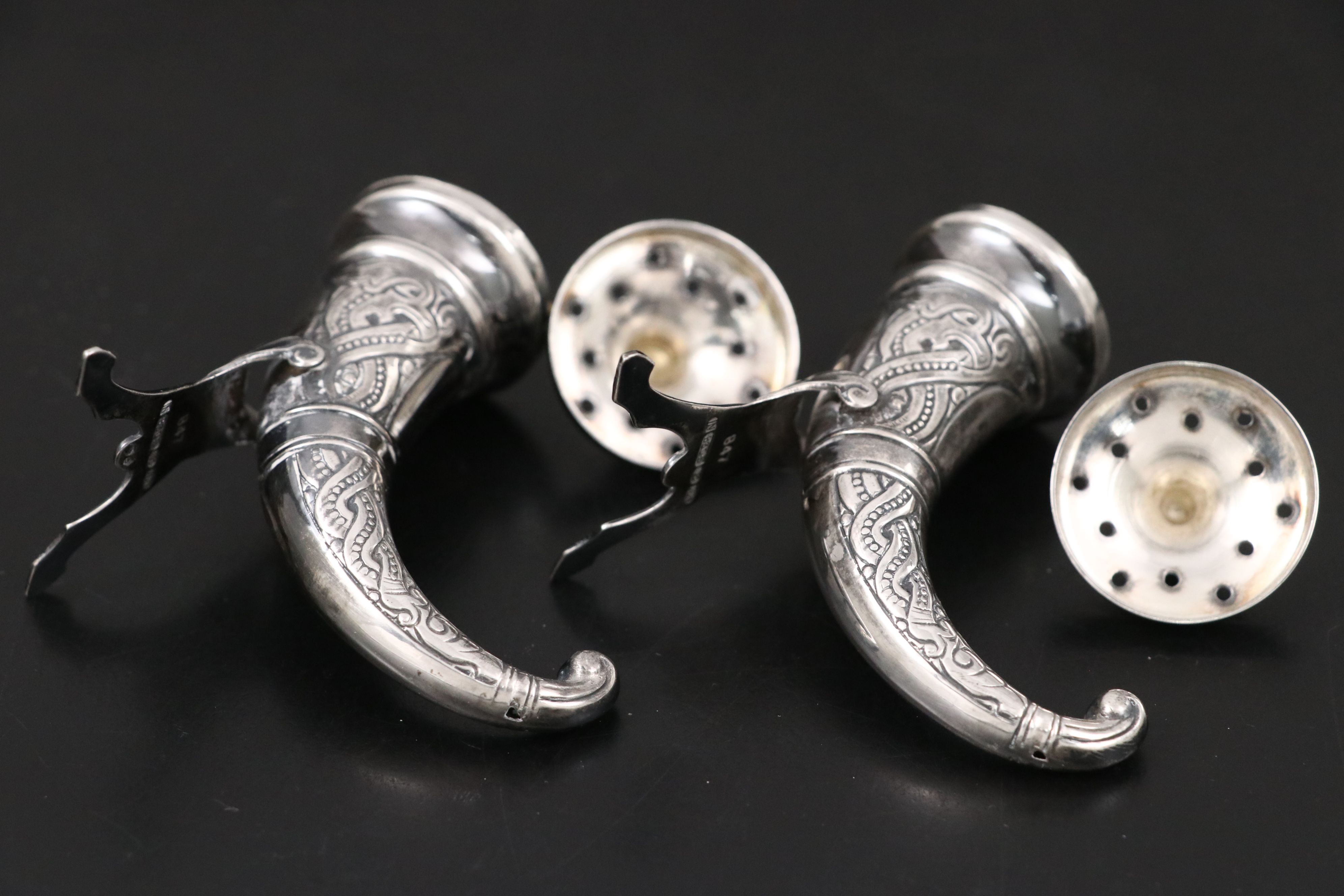 Norwegian 830 Silver Horn Shakers with Sterling and Pewter Shakers