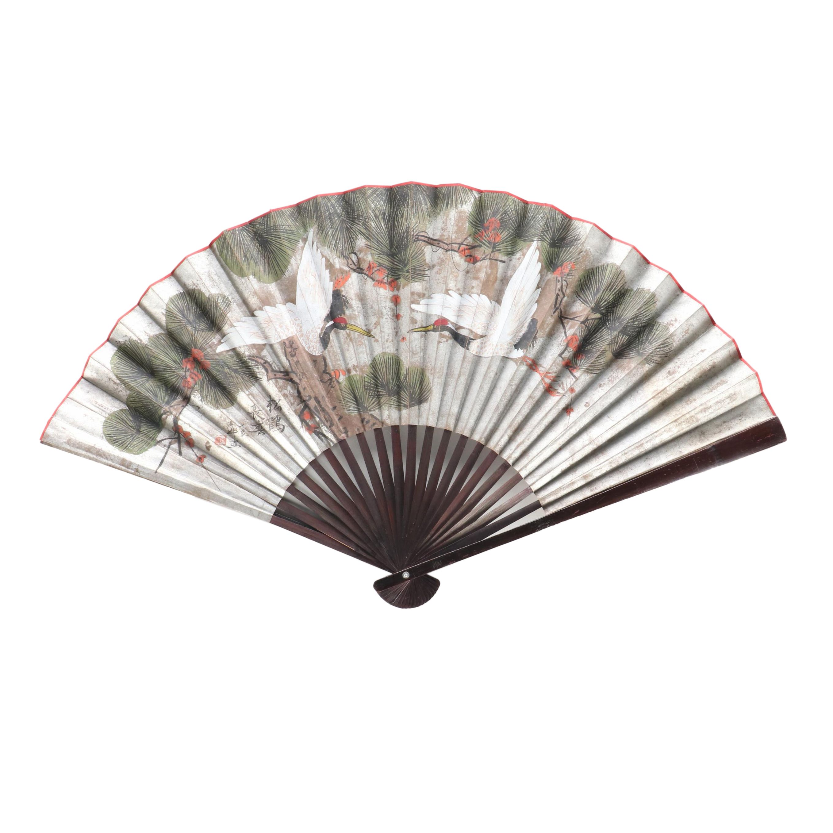 Japanese Wall Hanging Large Folding Fans with Crane and Landscape Motifs
