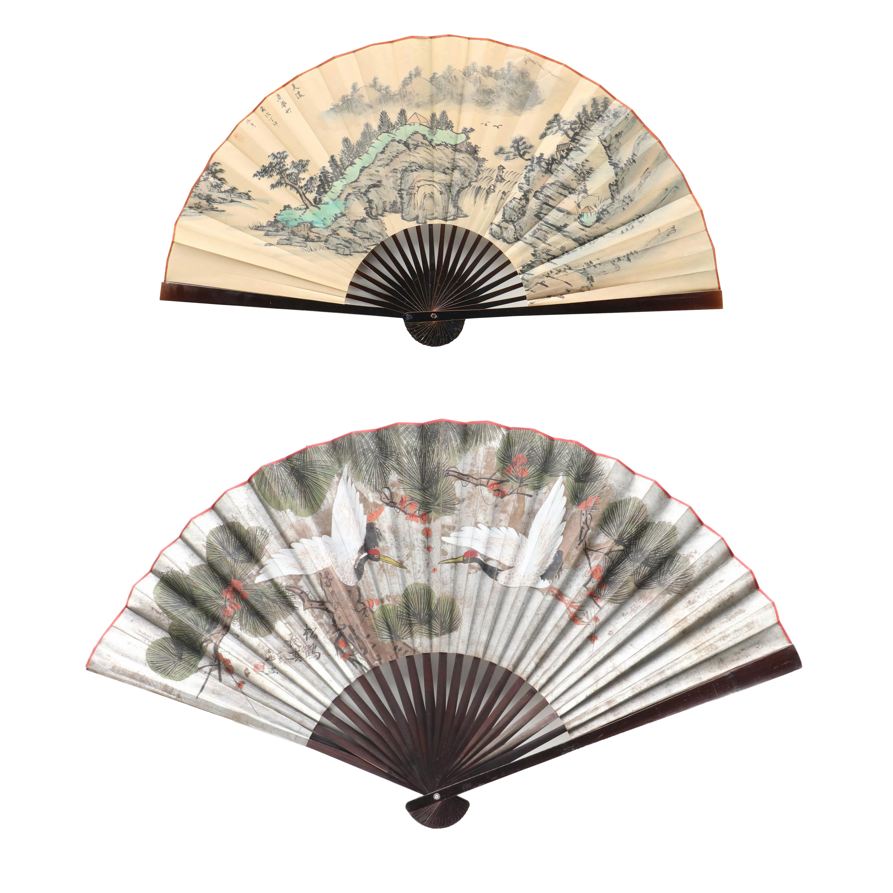 Japanese Wall Hanging Large Folding Fans with Crane and Landscape Motifs