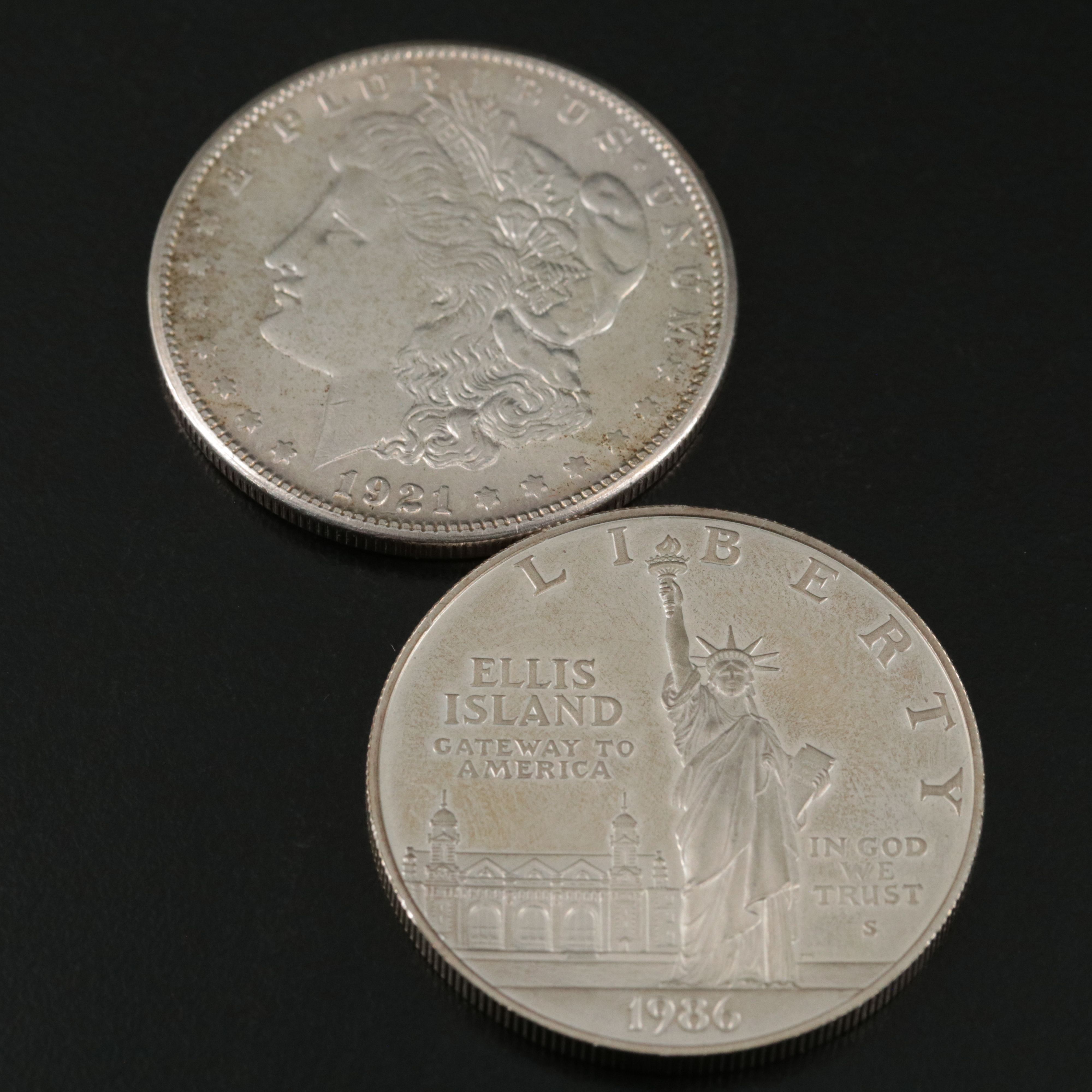 Four U.S. Silver Dollars, Peace, Morgan and Commemorative