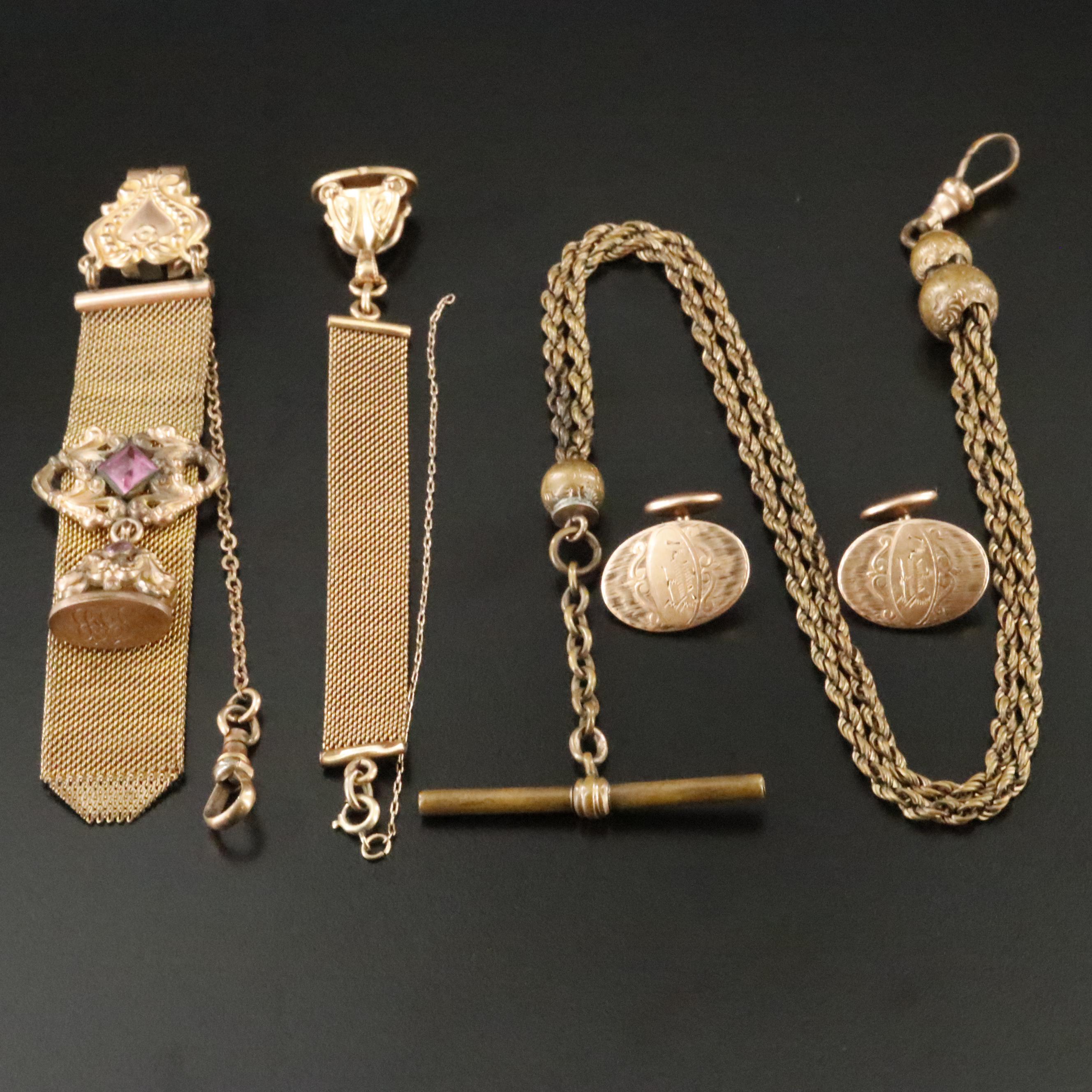 Vintage and Antique Gold-Filled Watch Chain, Fobs and Cufflinks