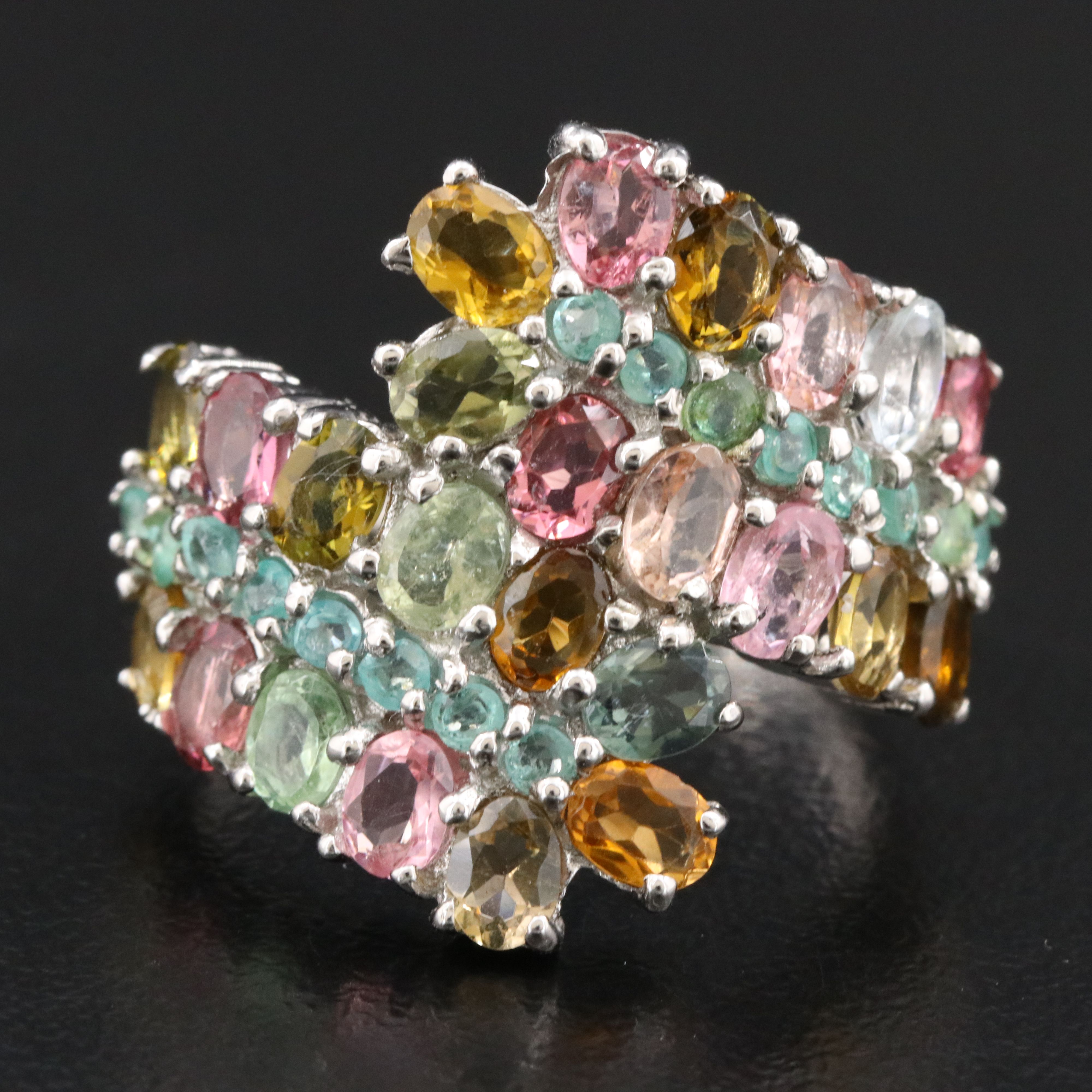 Sterling Tourmaline and Emerald Bypass Ring