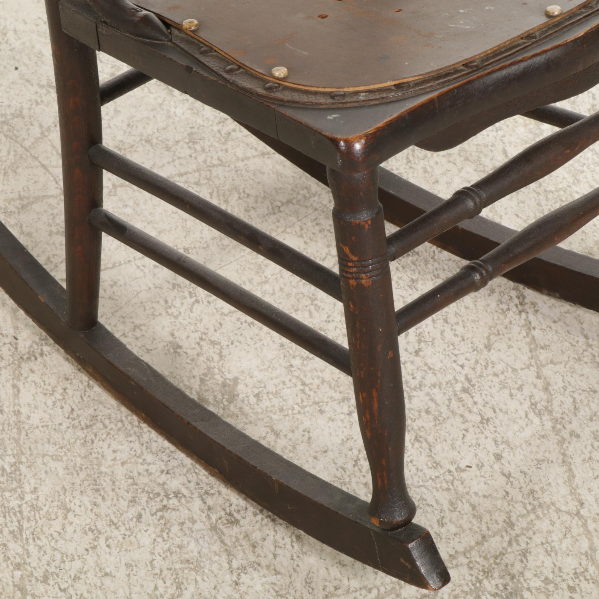 Victorian Pressed Oak and Twisted Spindle Back Rocking Chair with Leather Seat