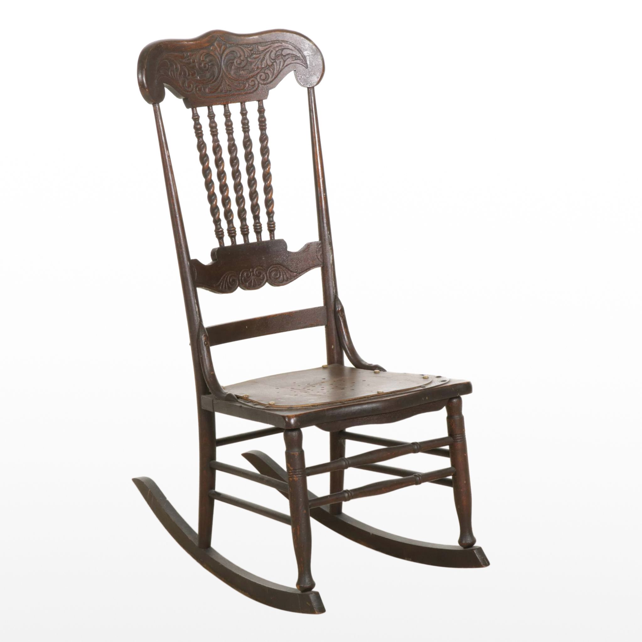 Victorian Pressed Oak and Twisted Spindle Back Rocking Chair with Leather Seat