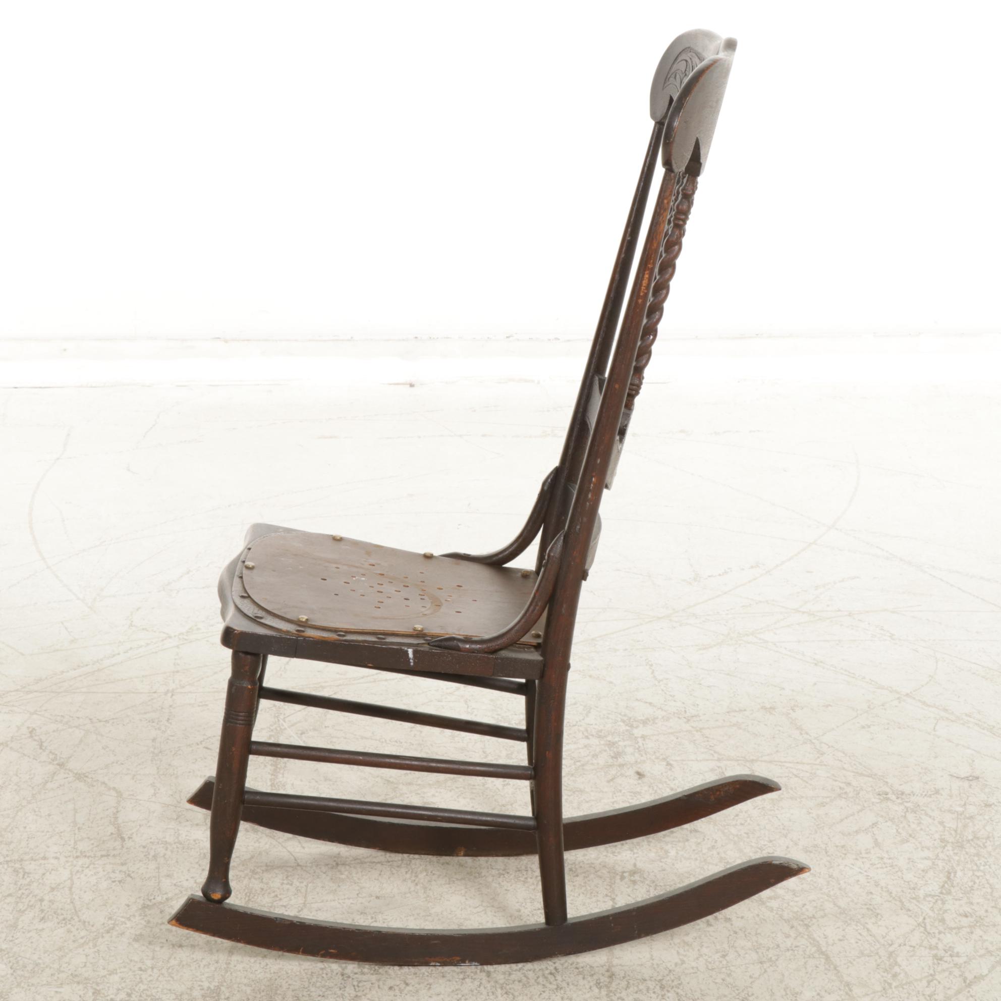 Victorian Pressed Oak and Twisted Spindle Back Rocking Chair with Leather Seat