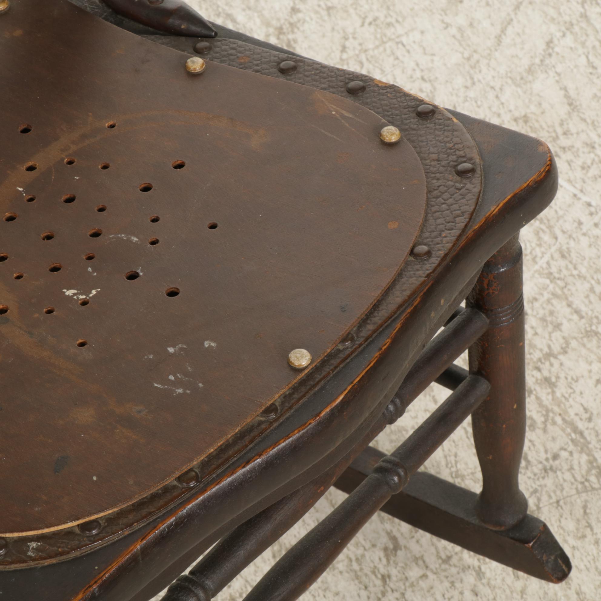 Victorian Pressed Oak and Twisted Spindle Back Rocking Chair with Leather Seat