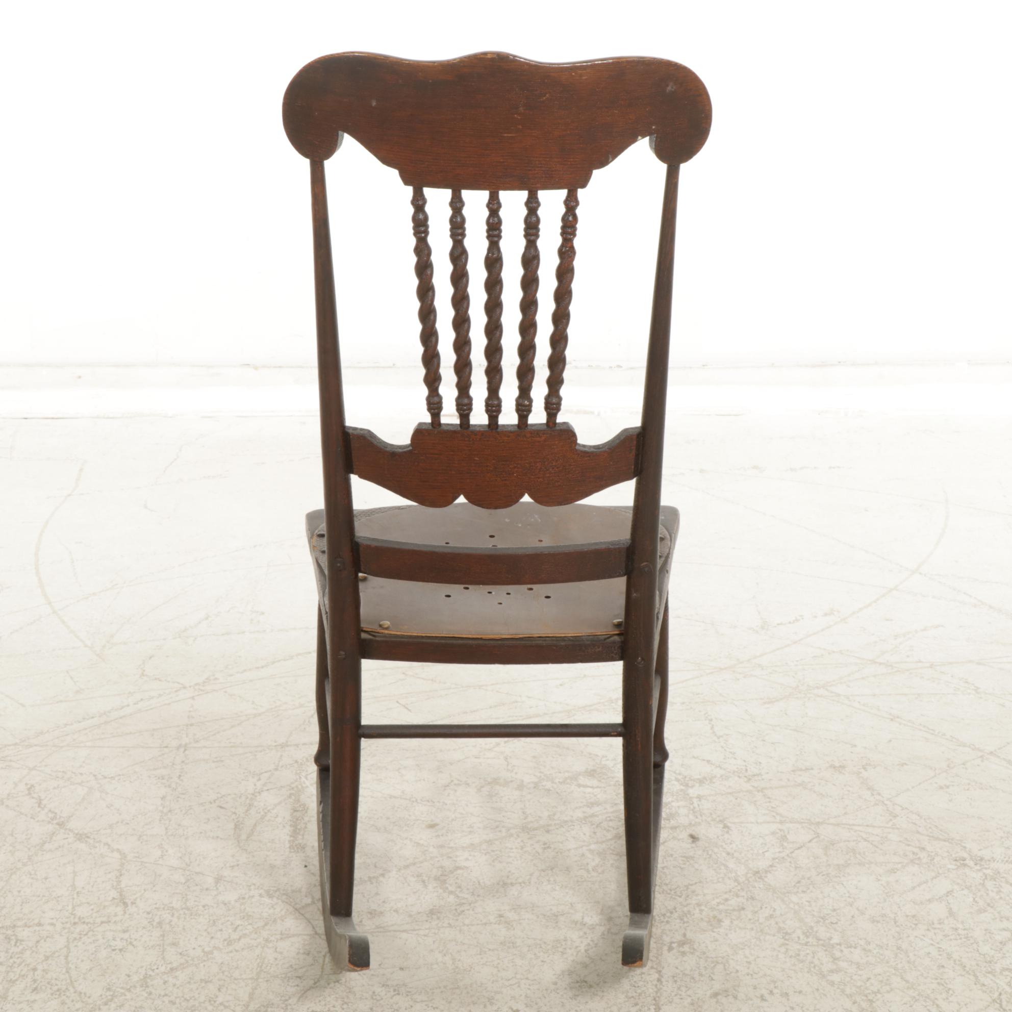 Victorian Pressed Oak and Twisted Spindle Back Rocking Chair with Leather Seat