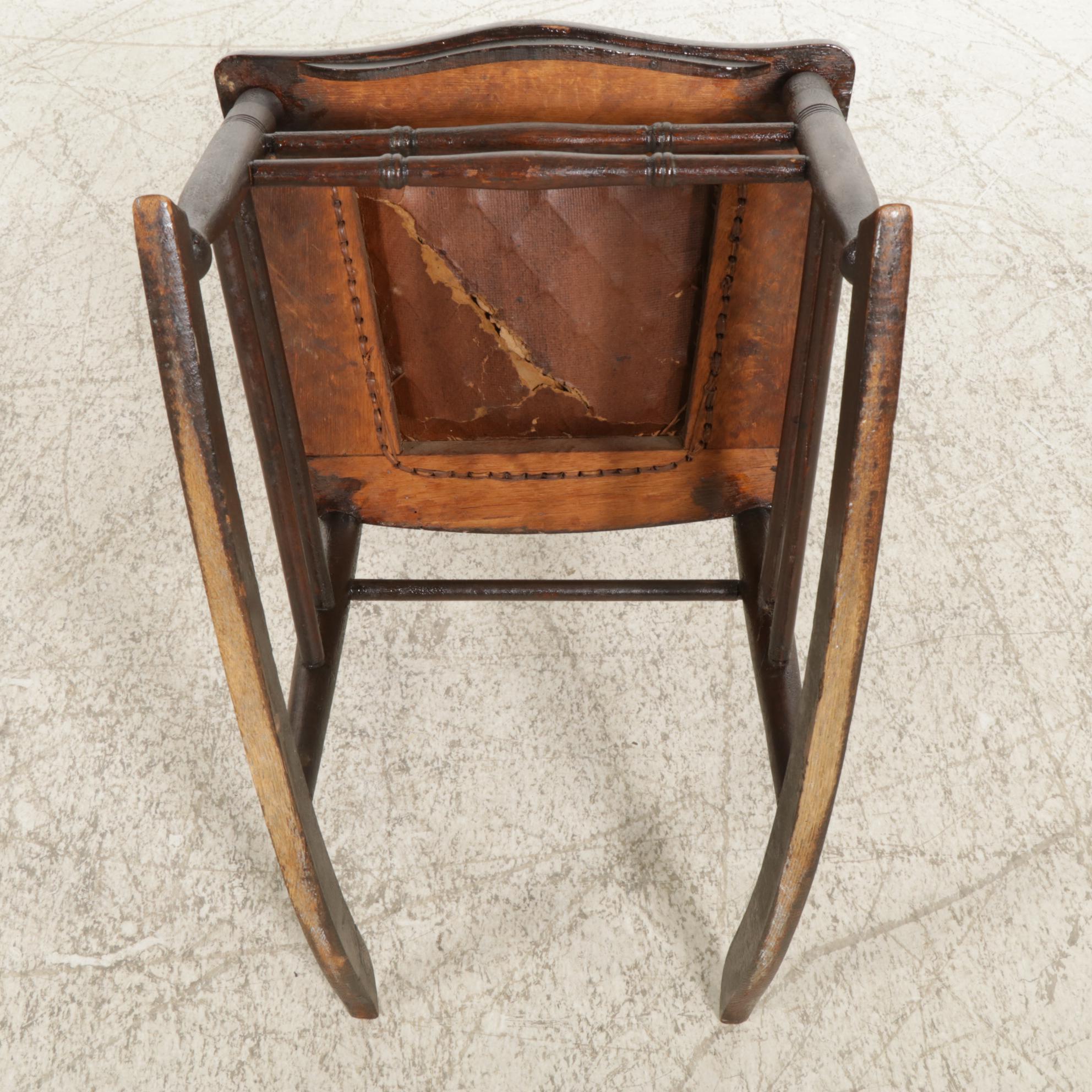 Victorian Pressed Oak and Twisted Spindle Back Rocking Chair with Leather Seat