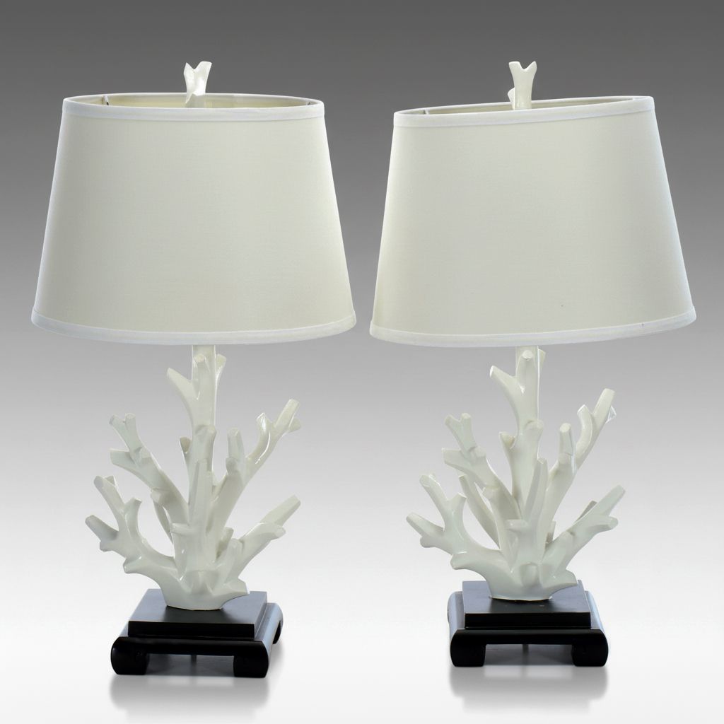 Pair of White Faux Coral Table Lamps with Shades, 2010