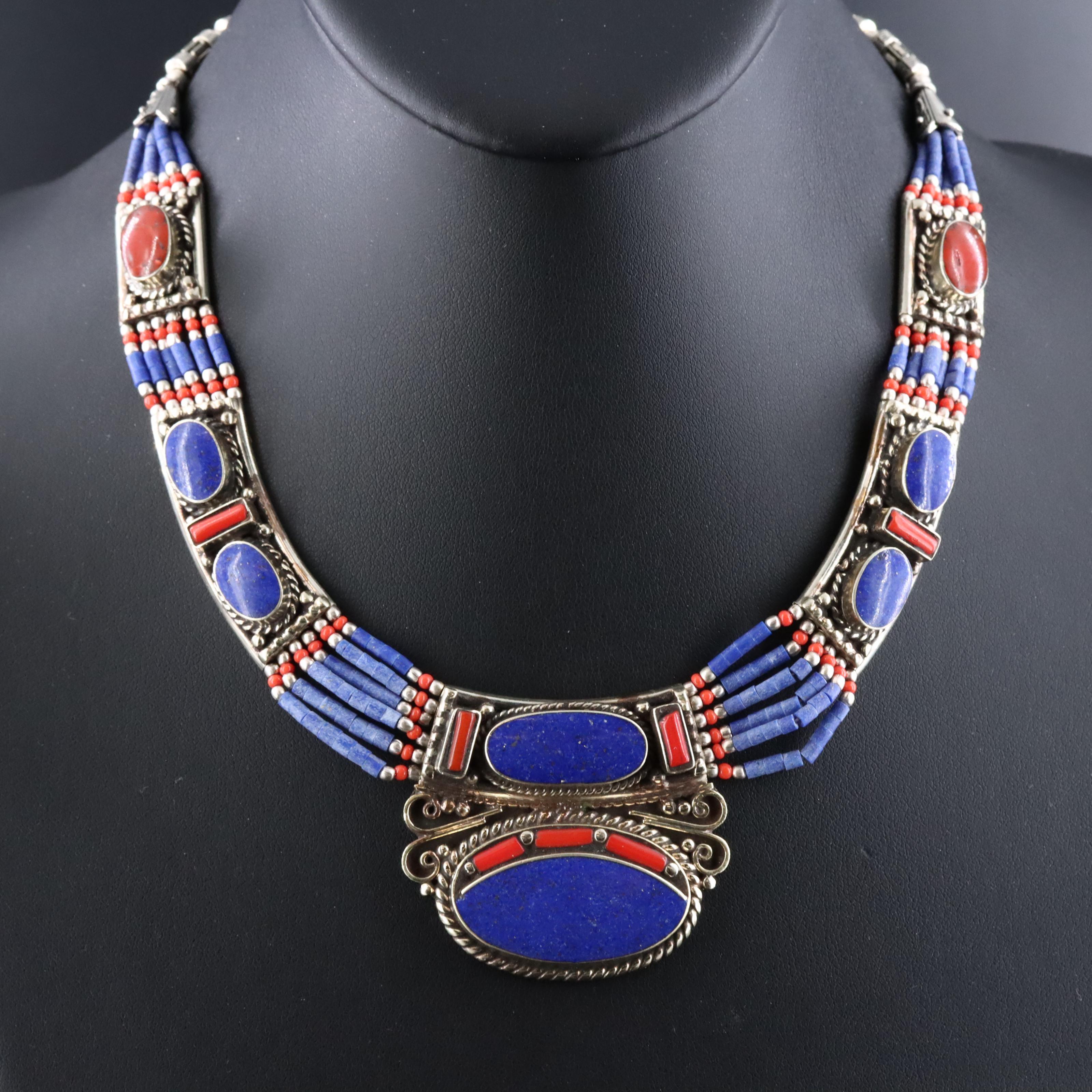 Afghan Kuchi Style Necklace with Lapis Lazuli, Coral and Chip Stone
