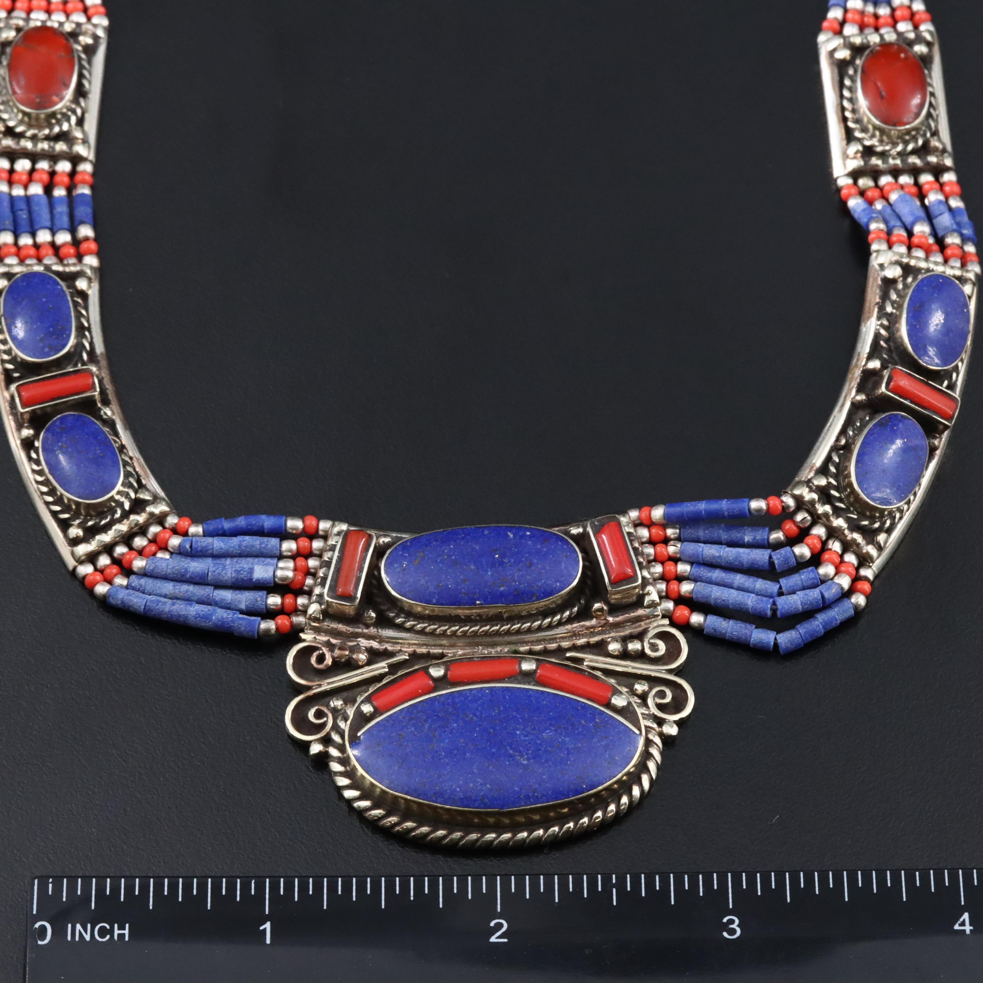 Afghan Kuchi Style Necklace with Lapis Lazuli, Coral and Chip Stone
