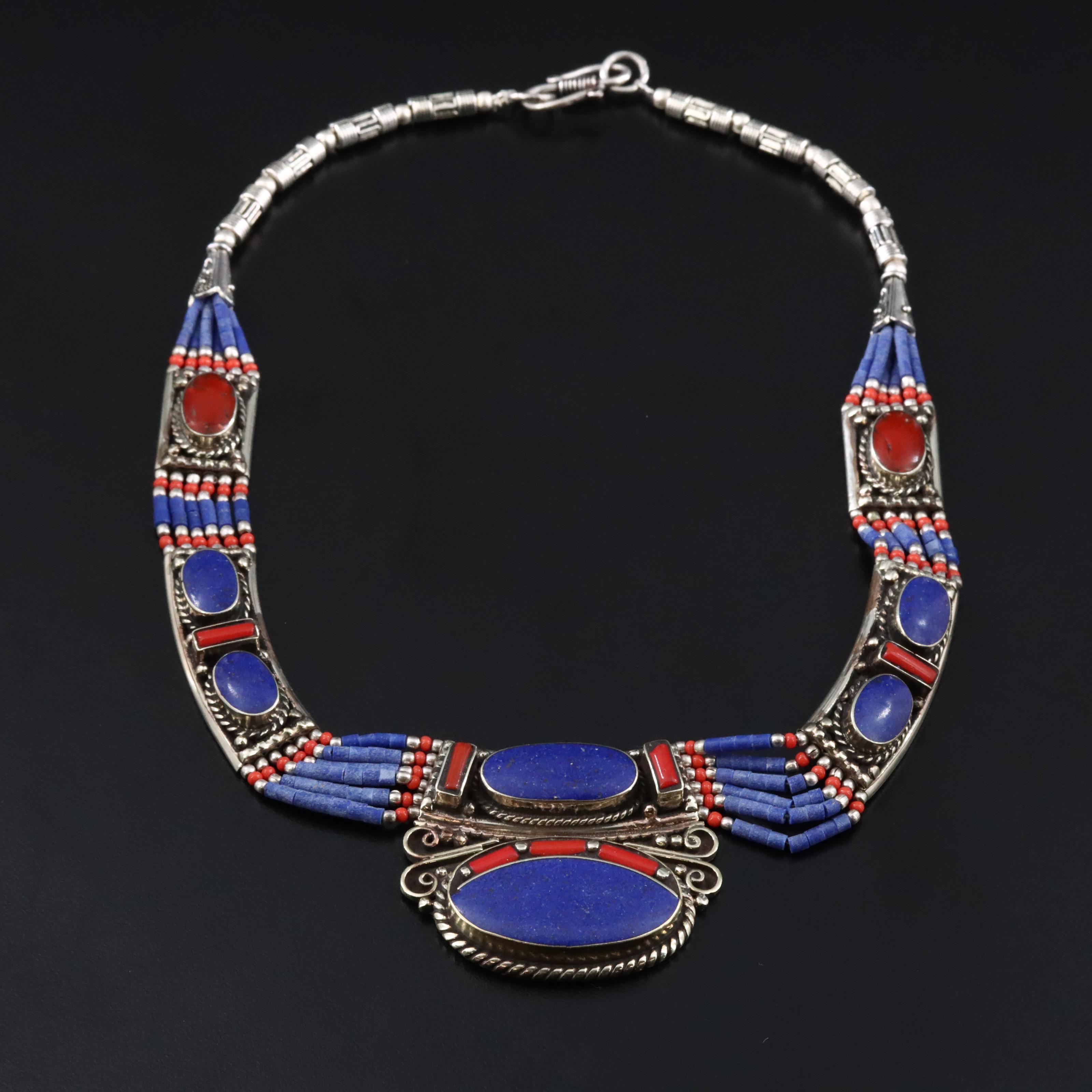 Afghan Kuchi Style Necklace with Lapis Lazuli, Coral and Chip Stone