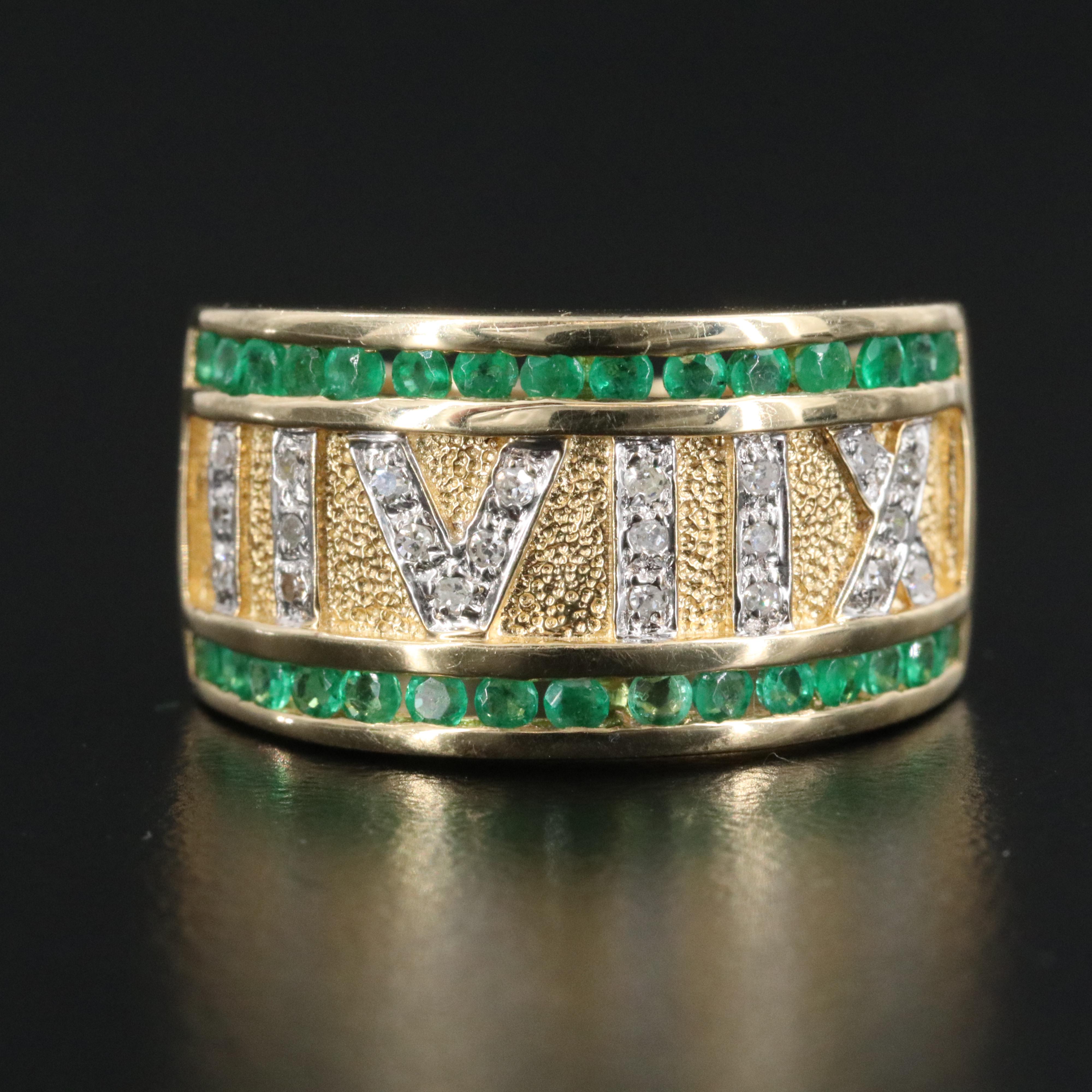 14K Diamond and Emerald Roman Numeral Ring