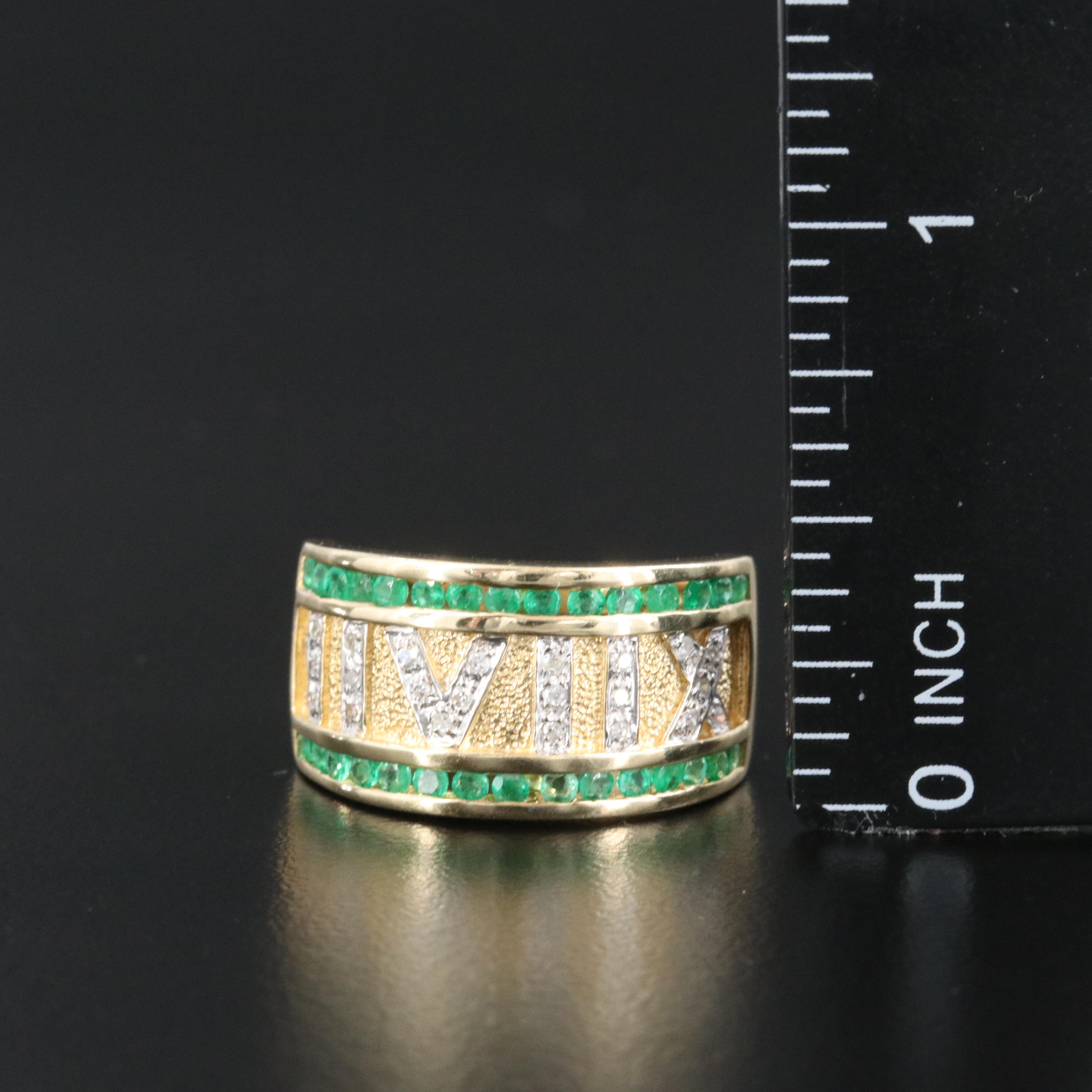 14K Diamond and Emerald Roman Numeral Ring