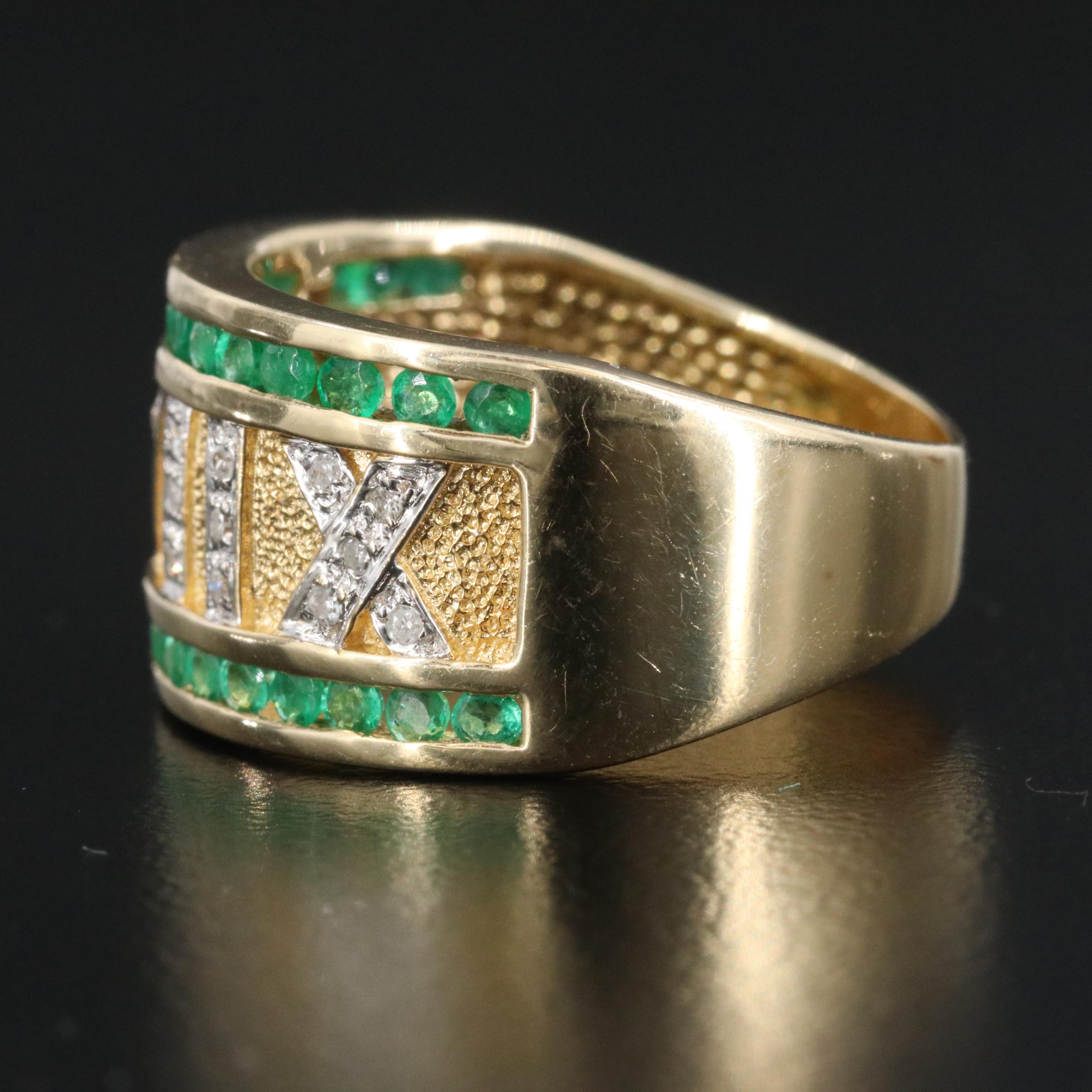 14K Diamond and Emerald Roman Numeral Ring