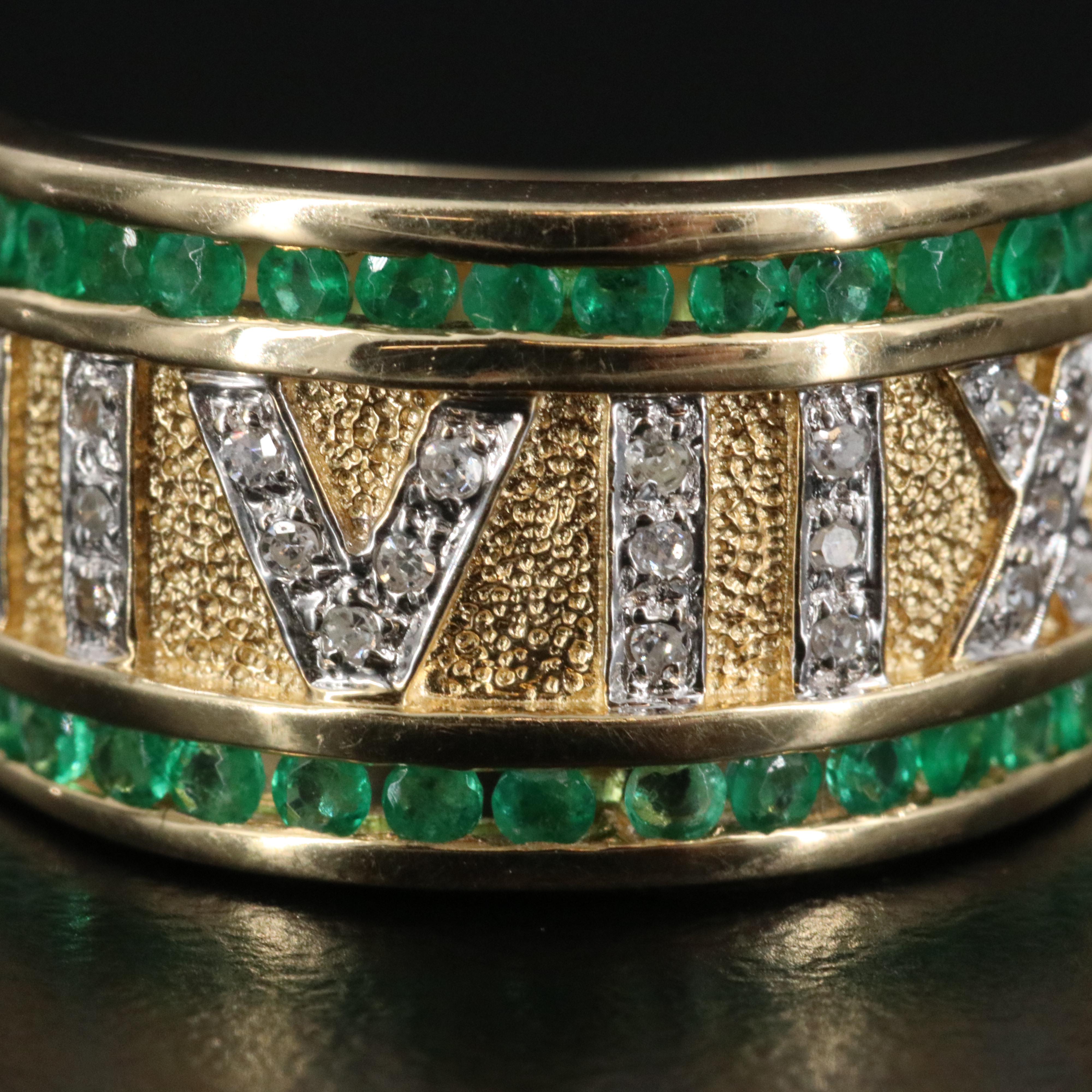 14K Diamond and Emerald Roman Numeral Ring