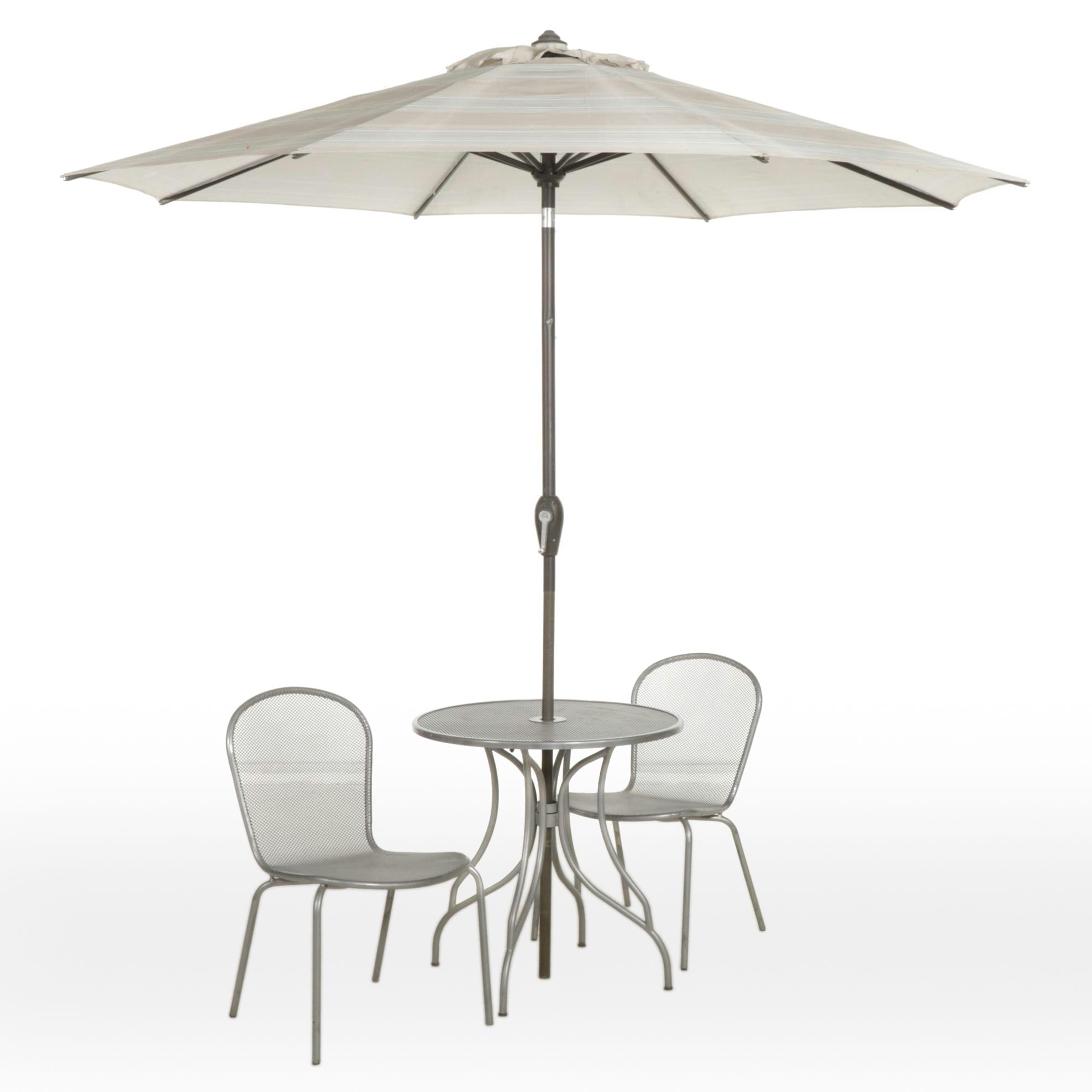 Patio Metal and Metal Mesh Bistro Table with Two Chairs and Umbrella