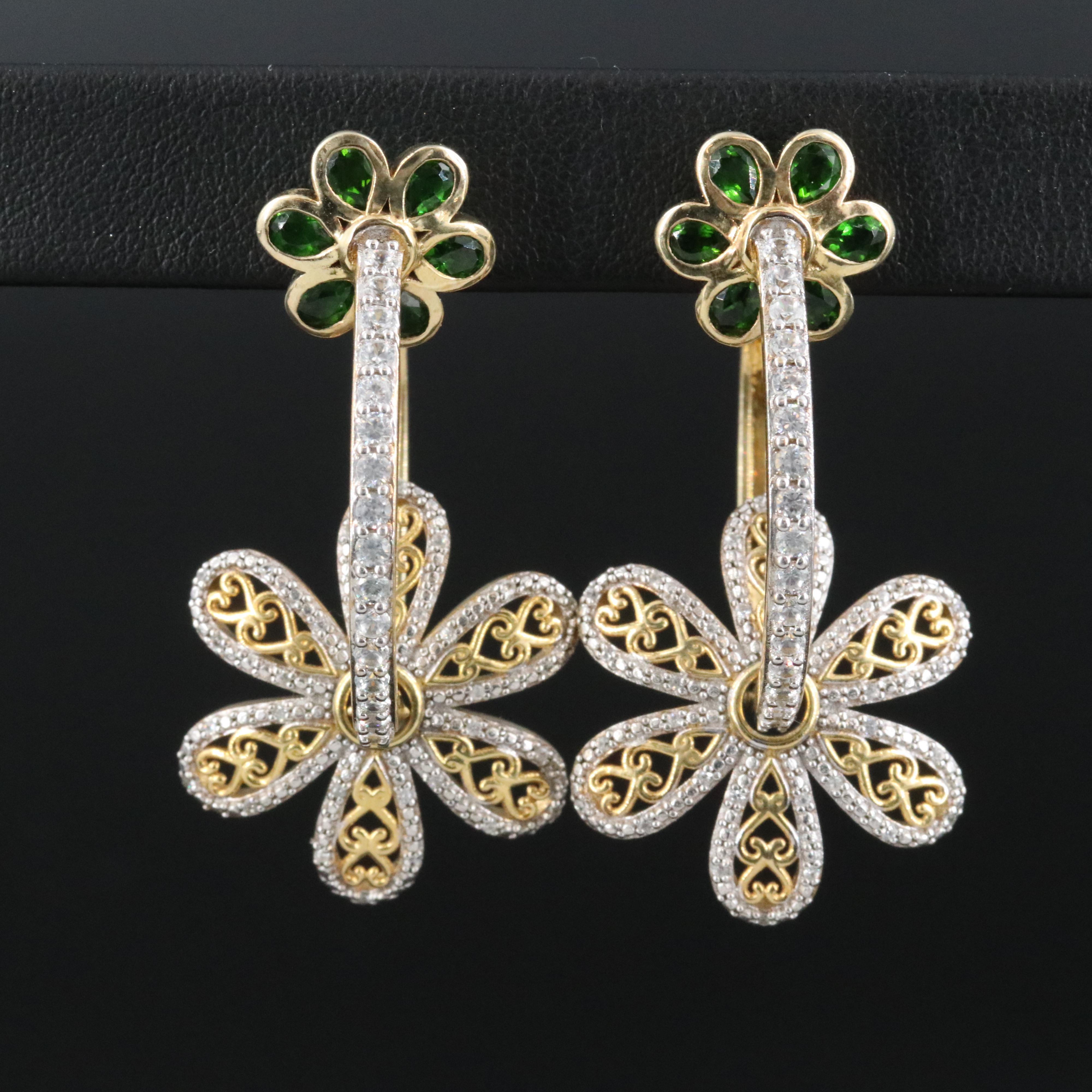 Sterling Diopside and White Zircon Hoop Earrings with Flower Charms