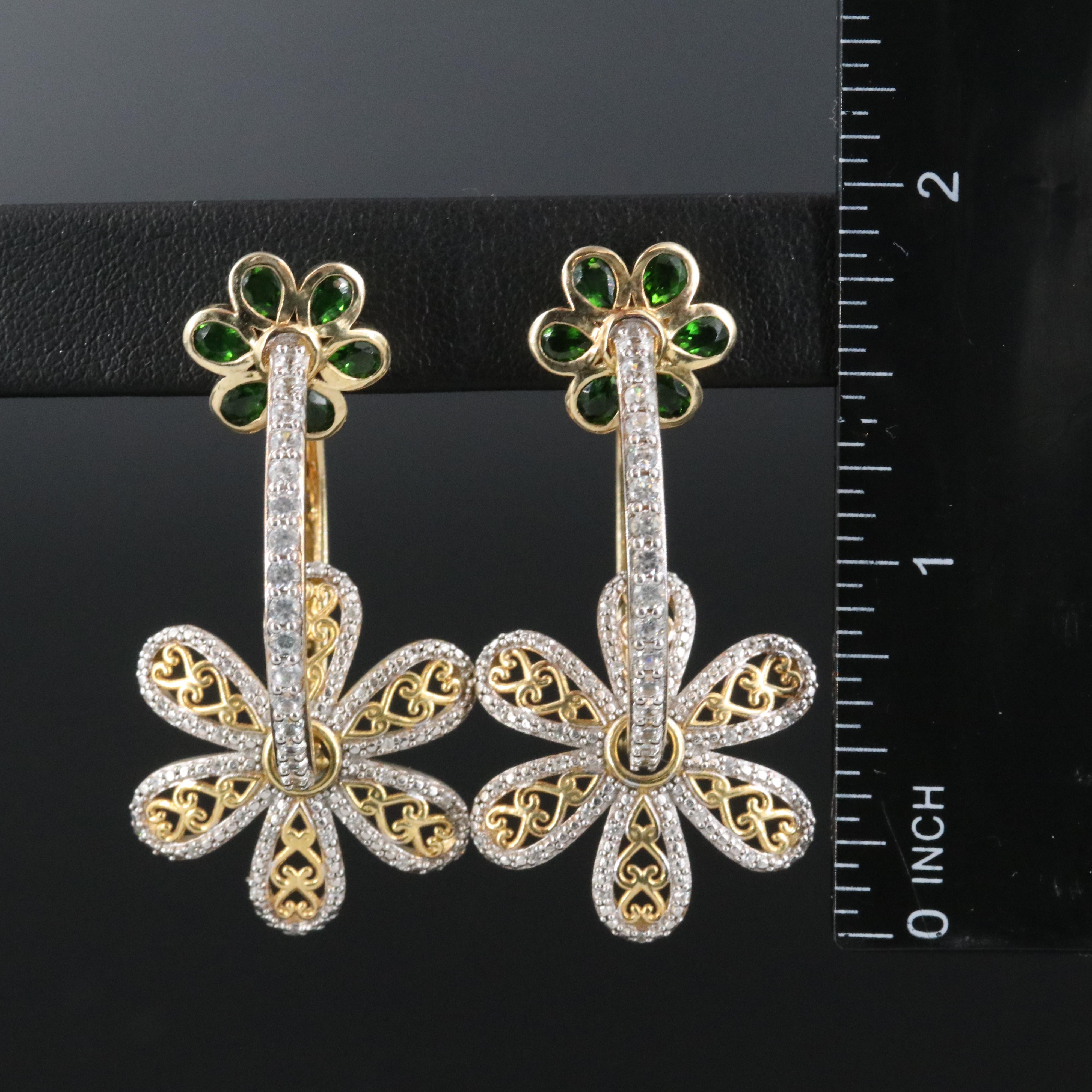 Sterling Diopside and White Zircon Hoop Earrings with Flower Charms