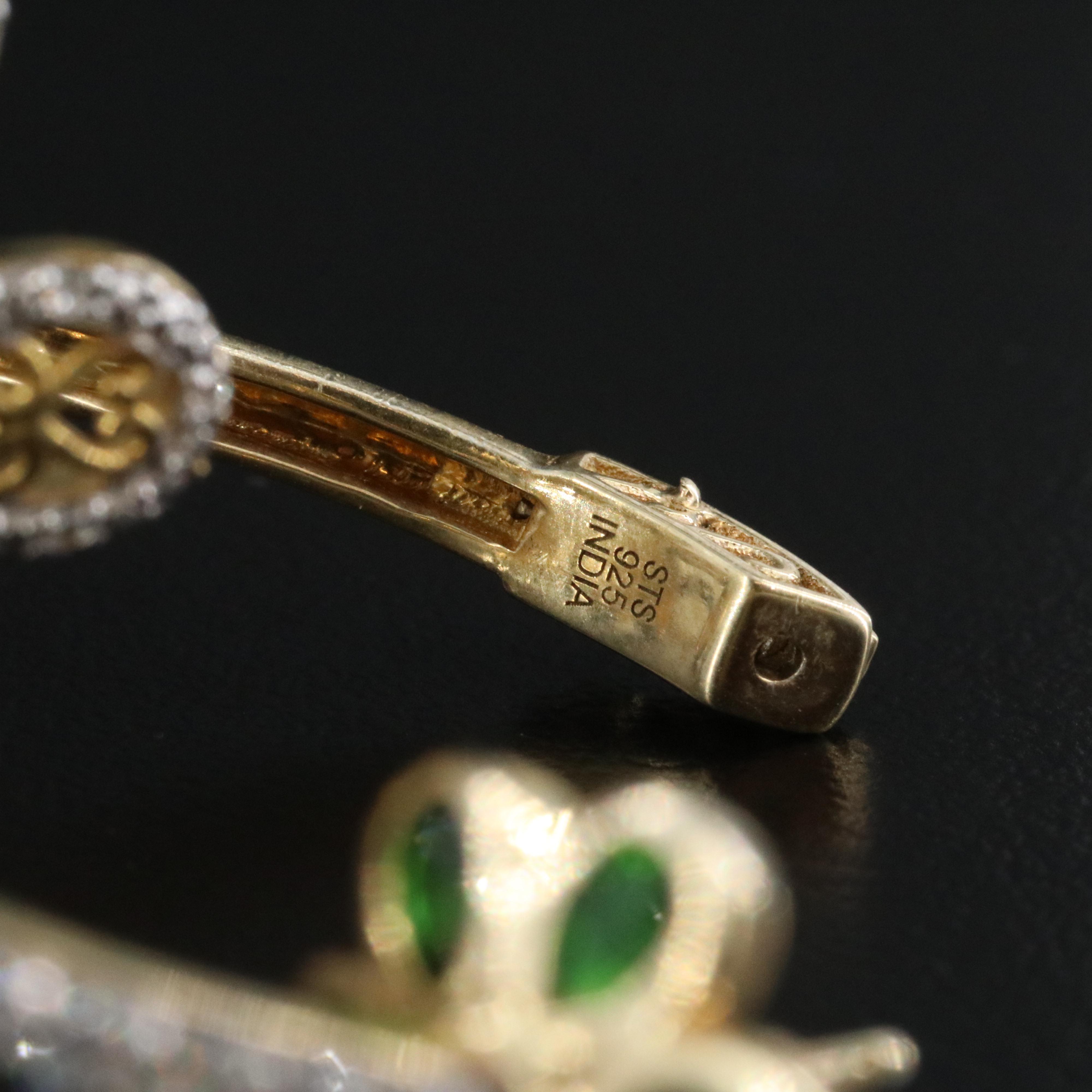 Sterling Diopside and White Zircon Hoop Earrings with Flower Charms