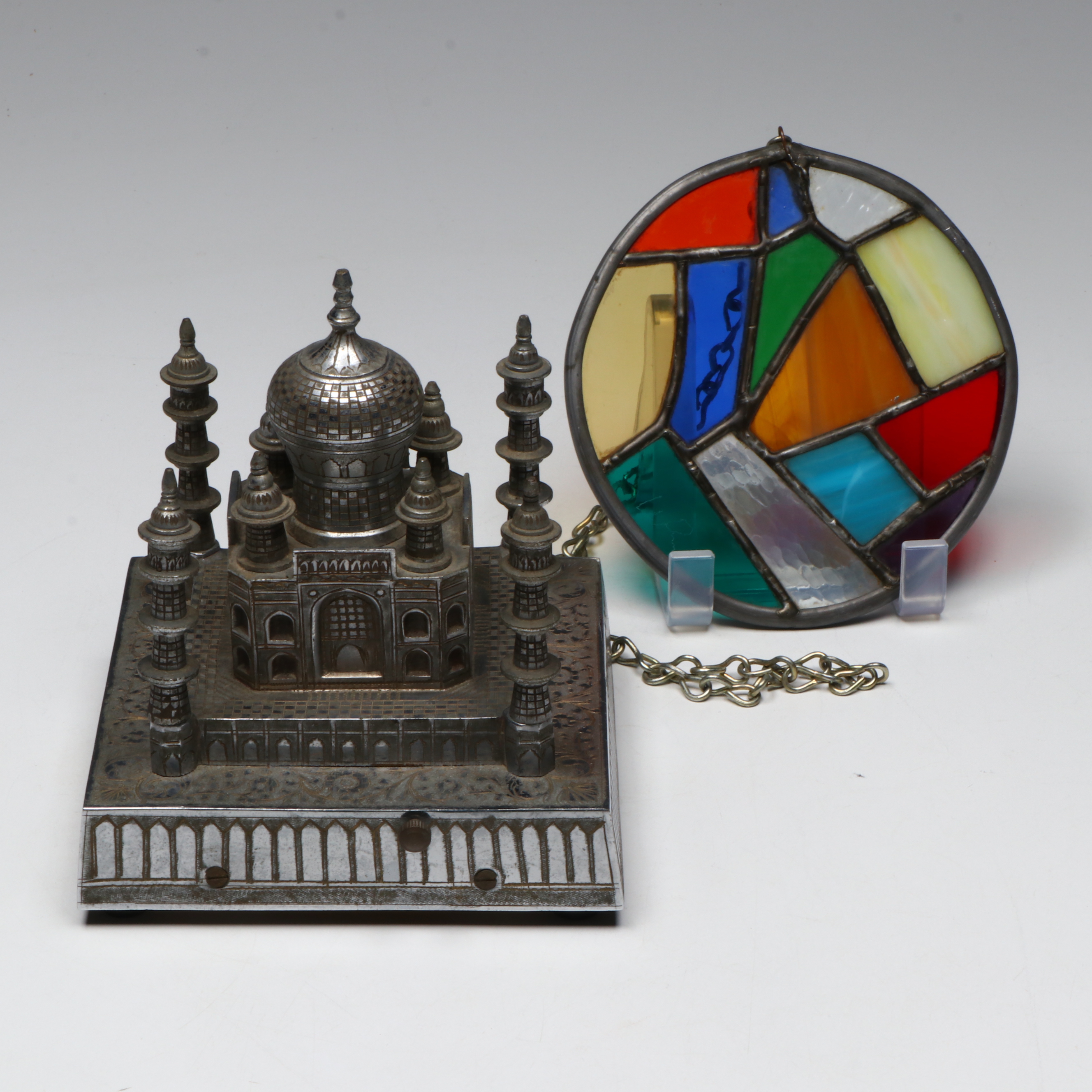 Thorens Taj Mahal Style Music Box with Multicolor Stained Glass Suncatcher