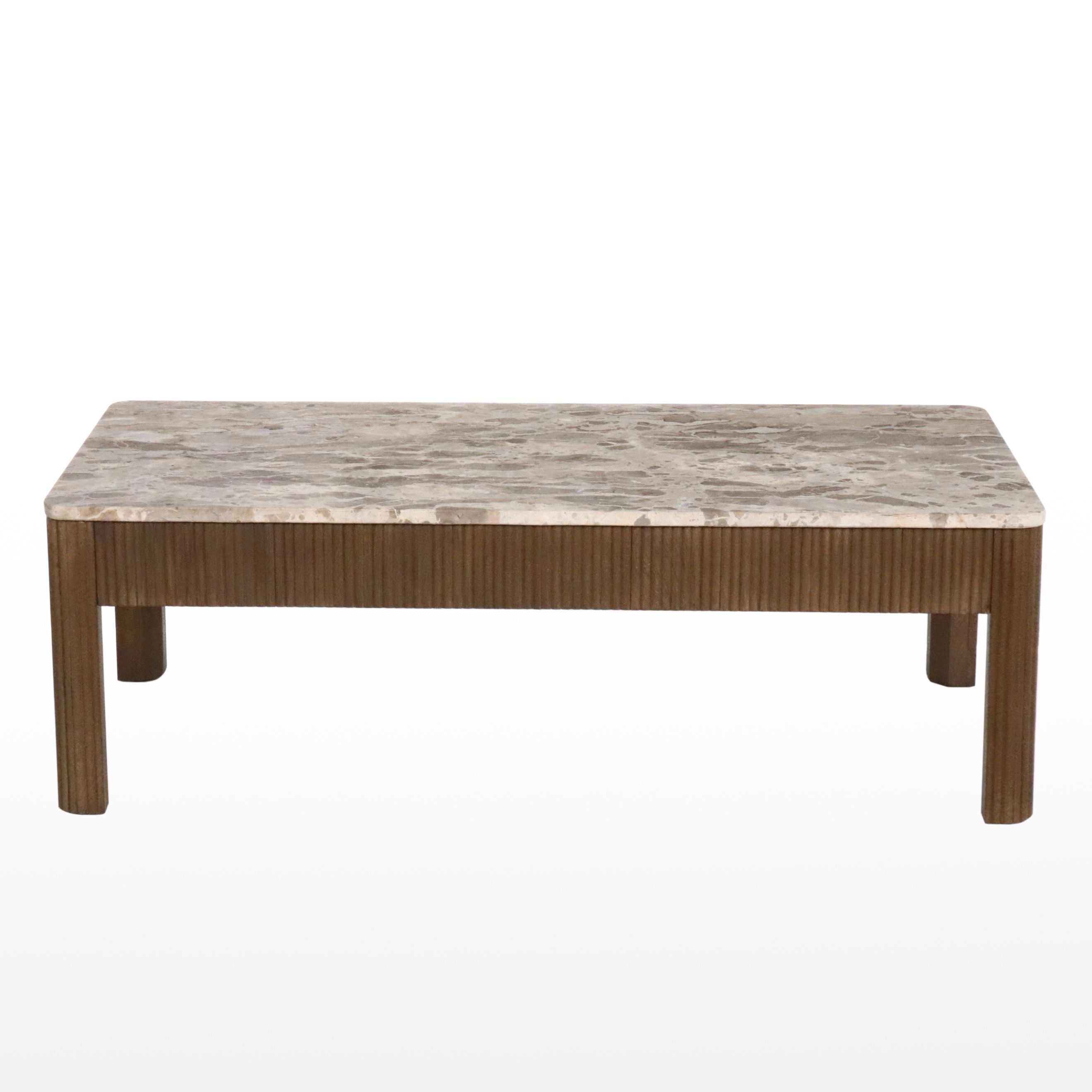 Contemporary Marble Top Reeded Wood Coffee Table
