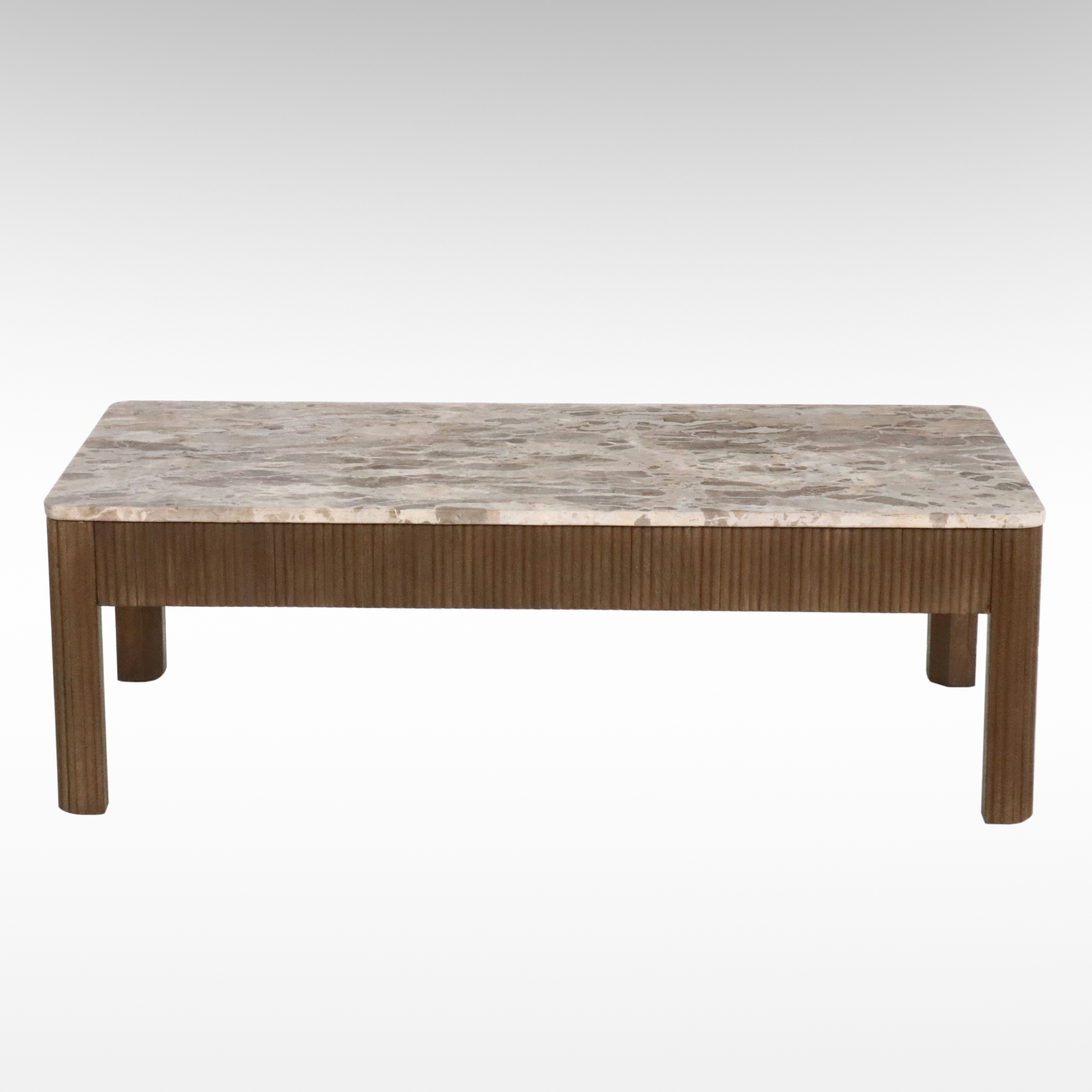 Contemporary Marble Top Reeded Wood Coffee Table
