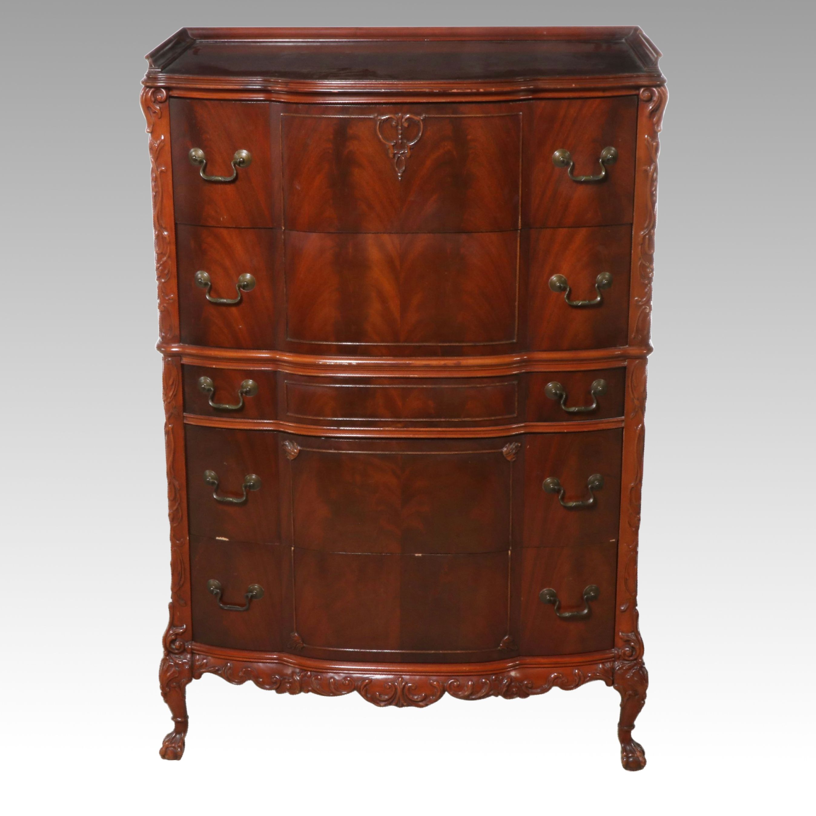 Louis XVI Style Clawfoot Flame Mahogany Chest of Drawers, Early 20th Century