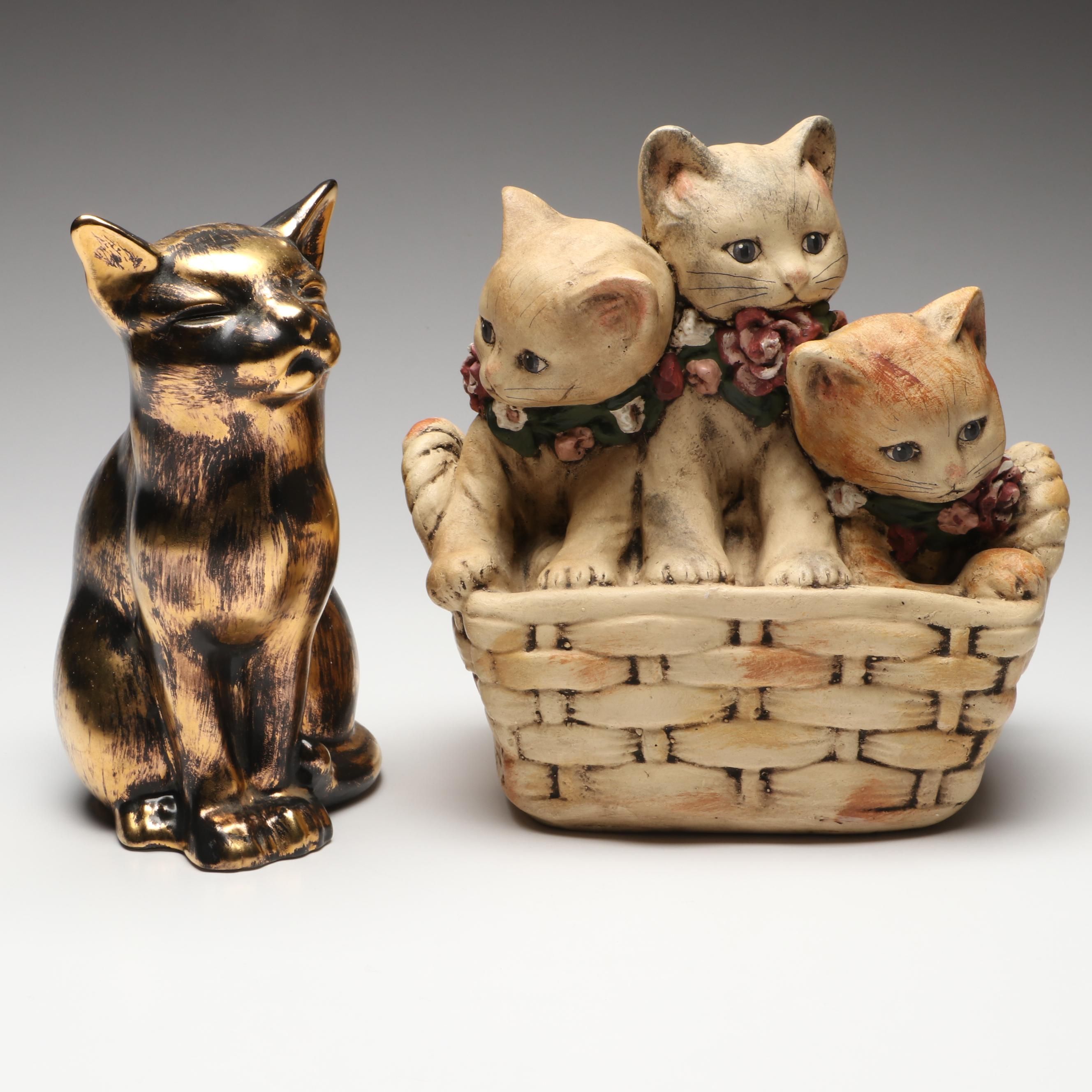 Stangl 22K Gilt Glazed Cat and Walnut Ridge Collectibles Basket of Kittens