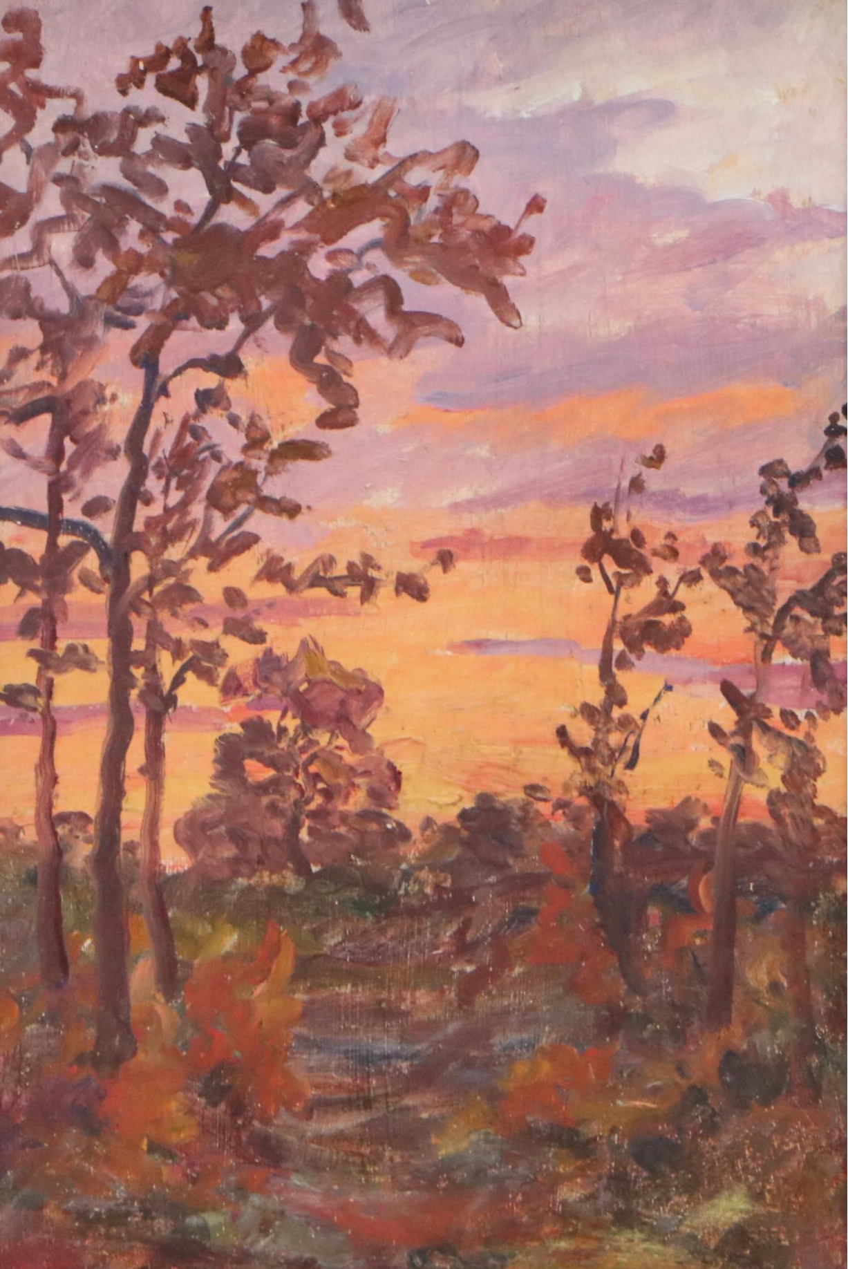 Jeanne Reimbolte Impressionistic Oil Painting of Forest Sunset, Circa 1915