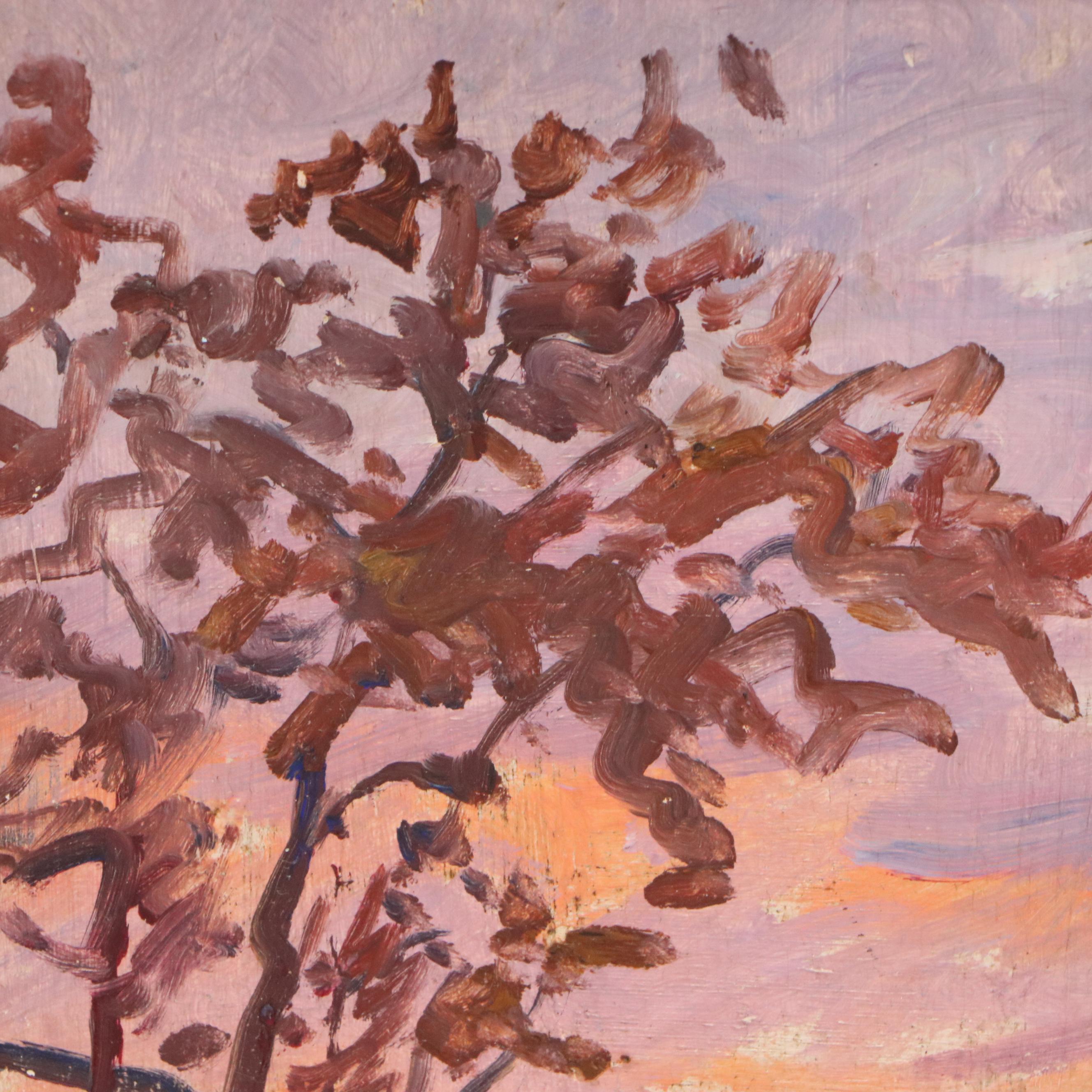 Jeanne Reimbolte Impressionistic Oil Painting of Forest Sunset, Circa 1915