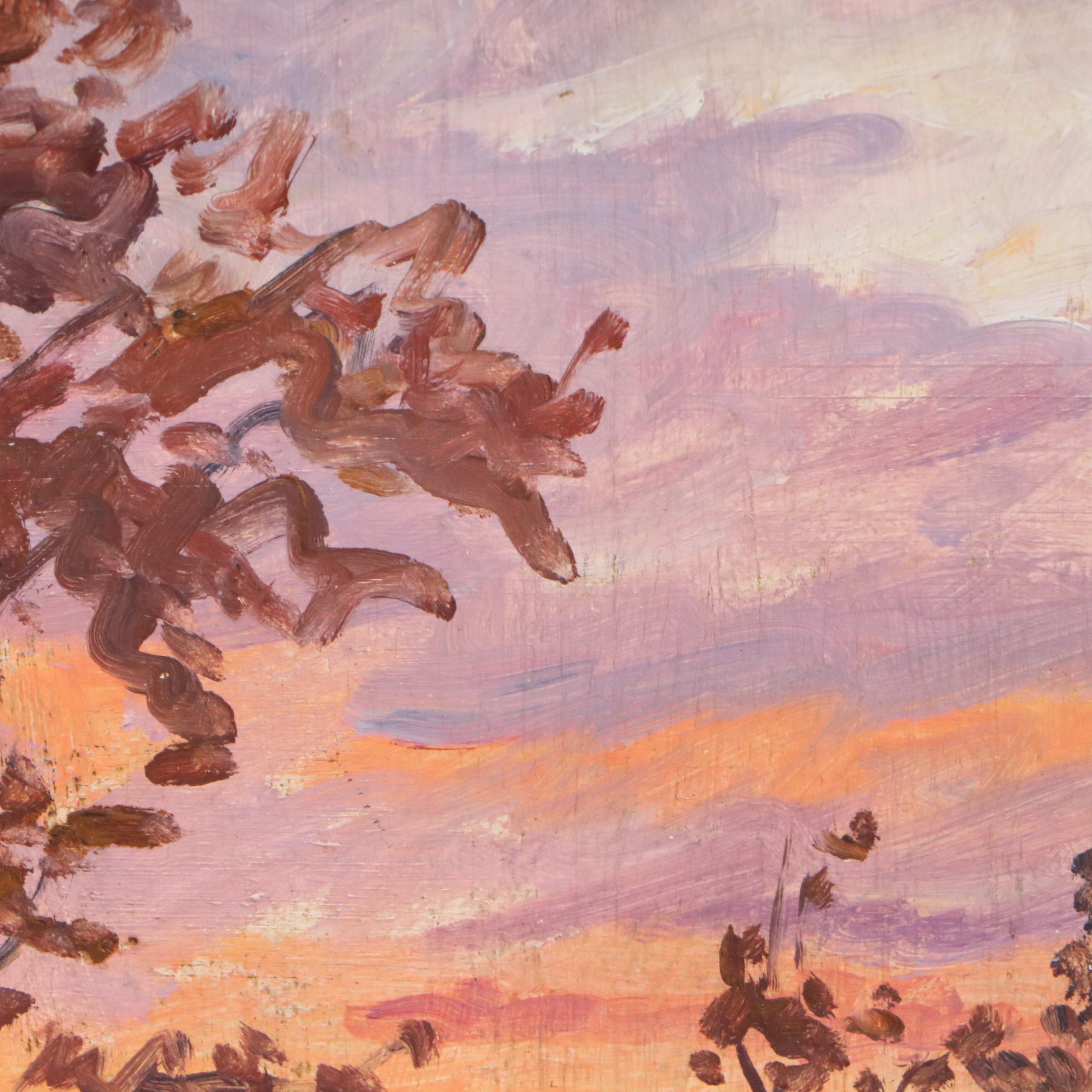 Jeanne Reimbolte Impressionistic Oil Painting of Forest Sunset, Circa 1915