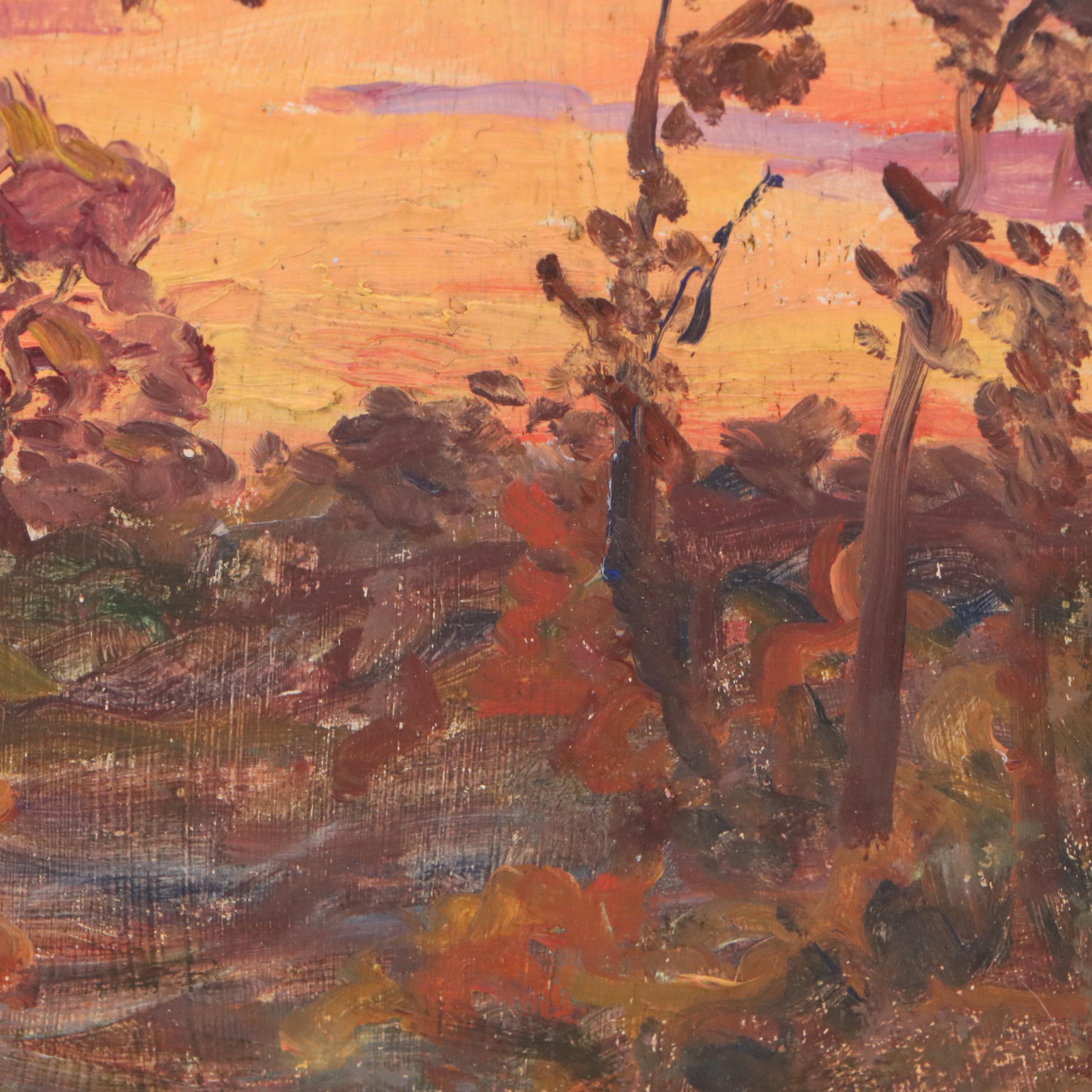 Jeanne Reimbolte Impressionistic Oil Painting of Forest Sunset, Circa 1915