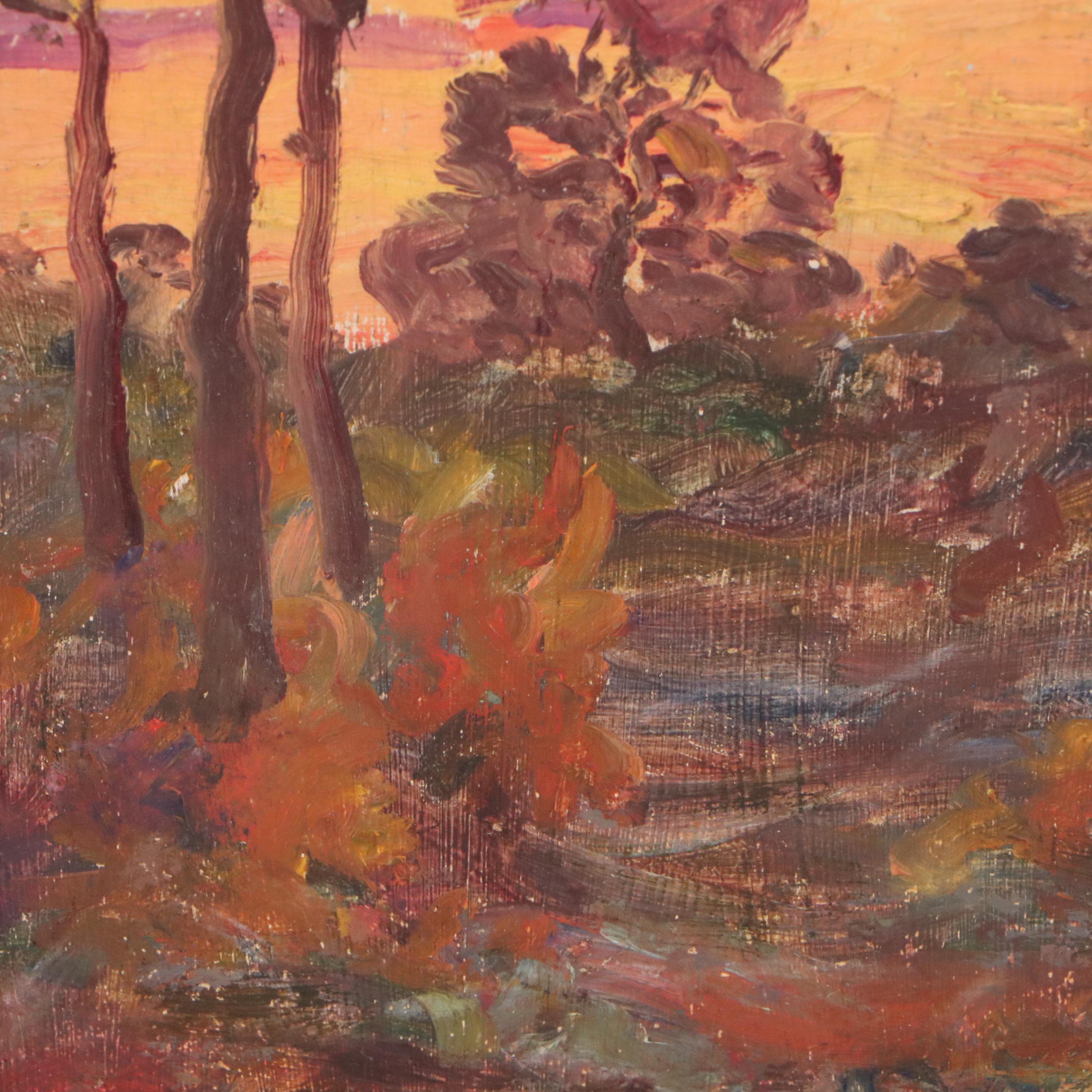 Jeanne Reimbolte Impressionistic Oil Painting of Forest Sunset, Circa 1915