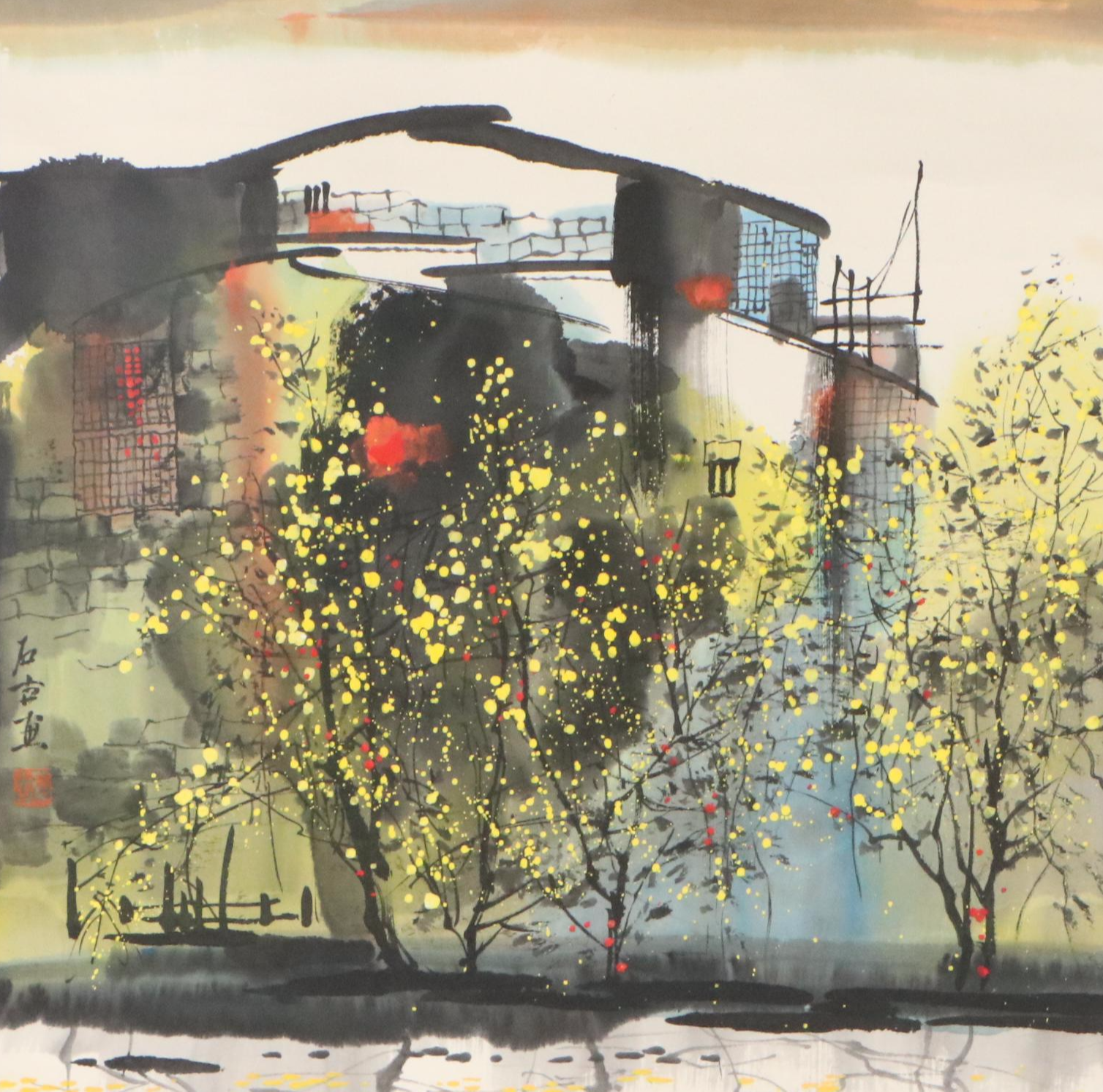 Chinese School Gouache Painting of Building with Trees, Late 20th to 21st C.