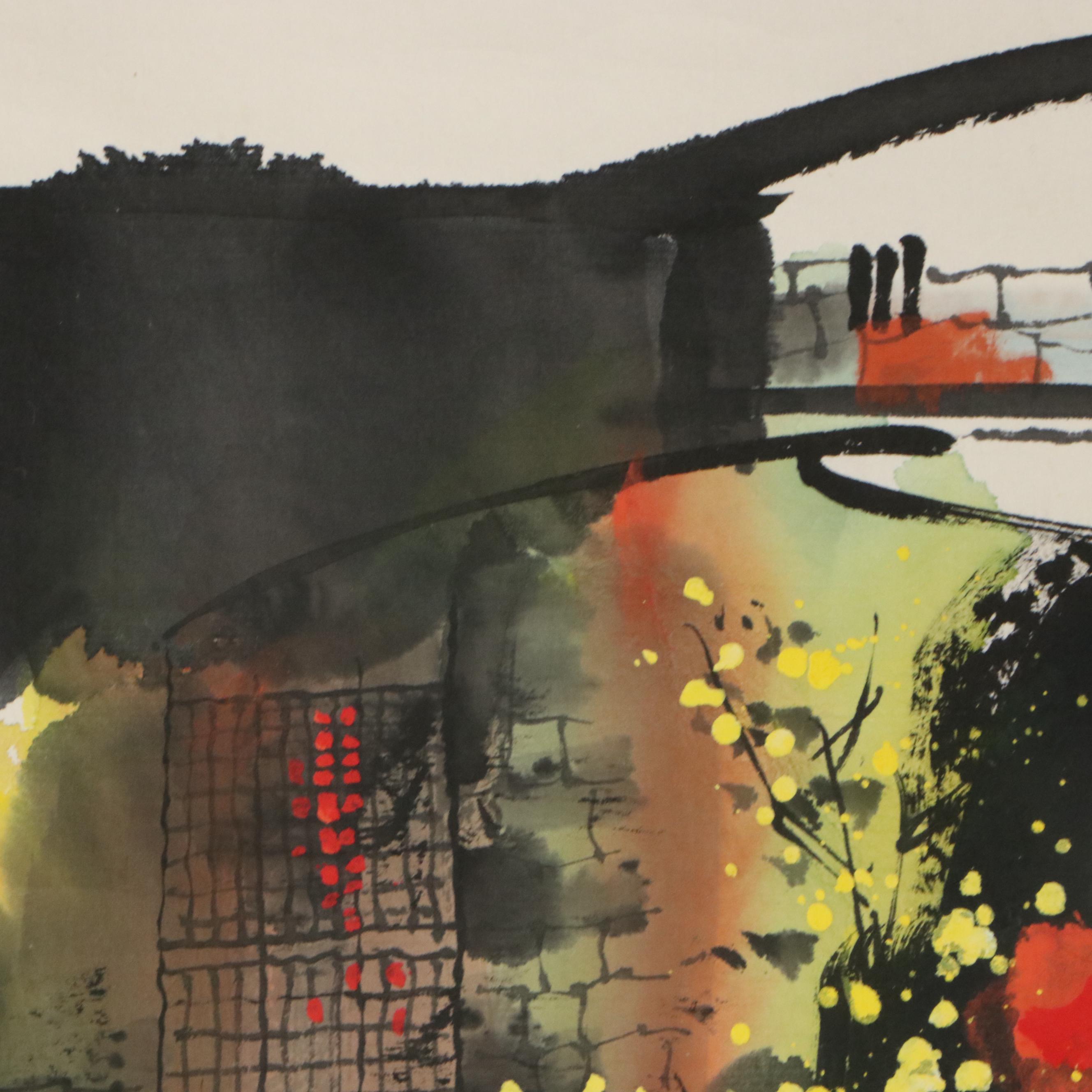 Chinese School Gouache Painting of Building with Trees, Late 20th to 21st C.