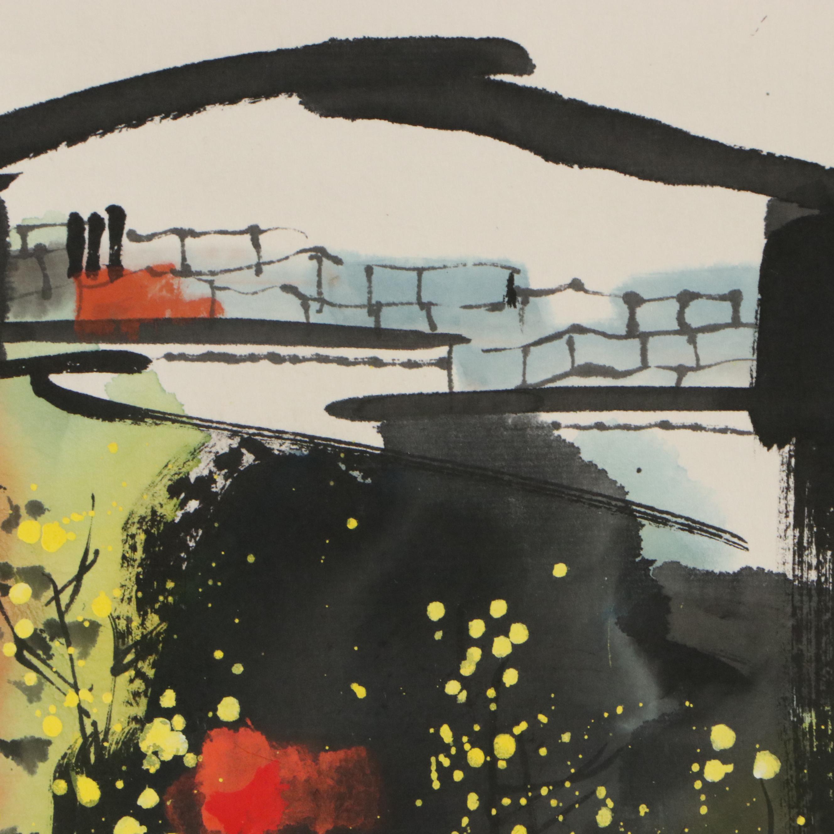 Chinese School Gouache Painting of Building with Trees, Late 20th to 21st C.