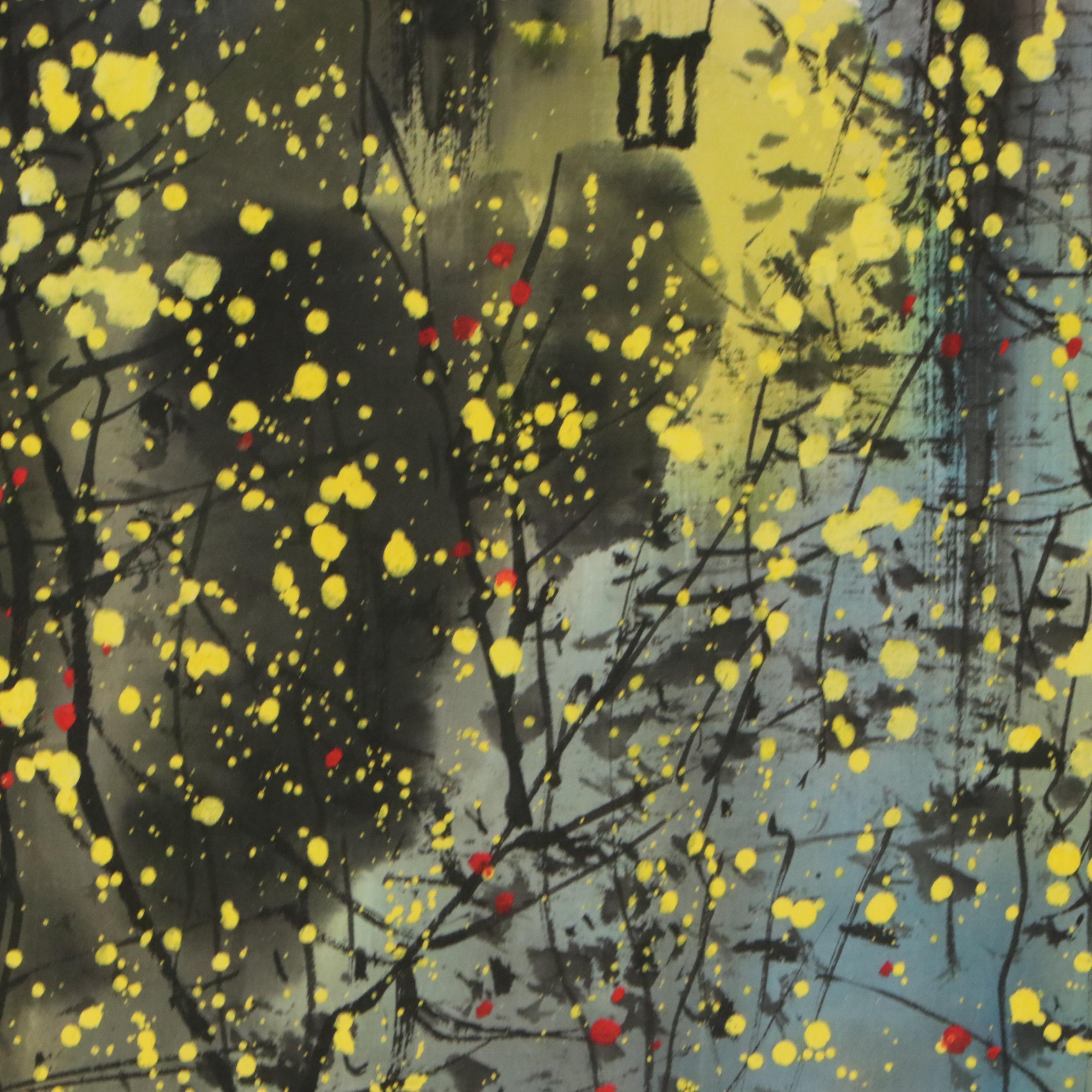 Chinese School Gouache Painting of Building with Trees, Late 20th to 21st C.