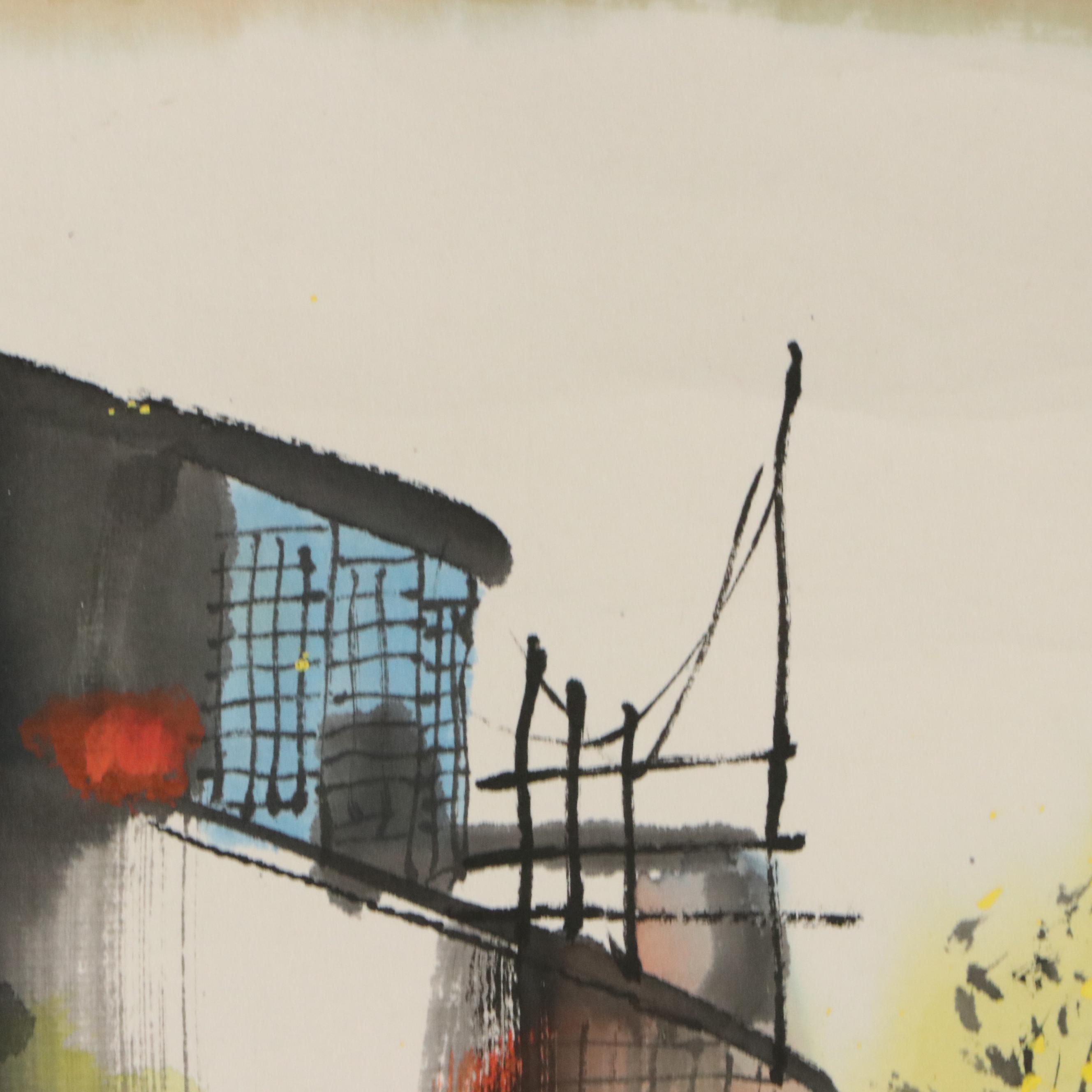 Chinese School Gouache Painting of Building with Trees, Late 20th to 21st C.