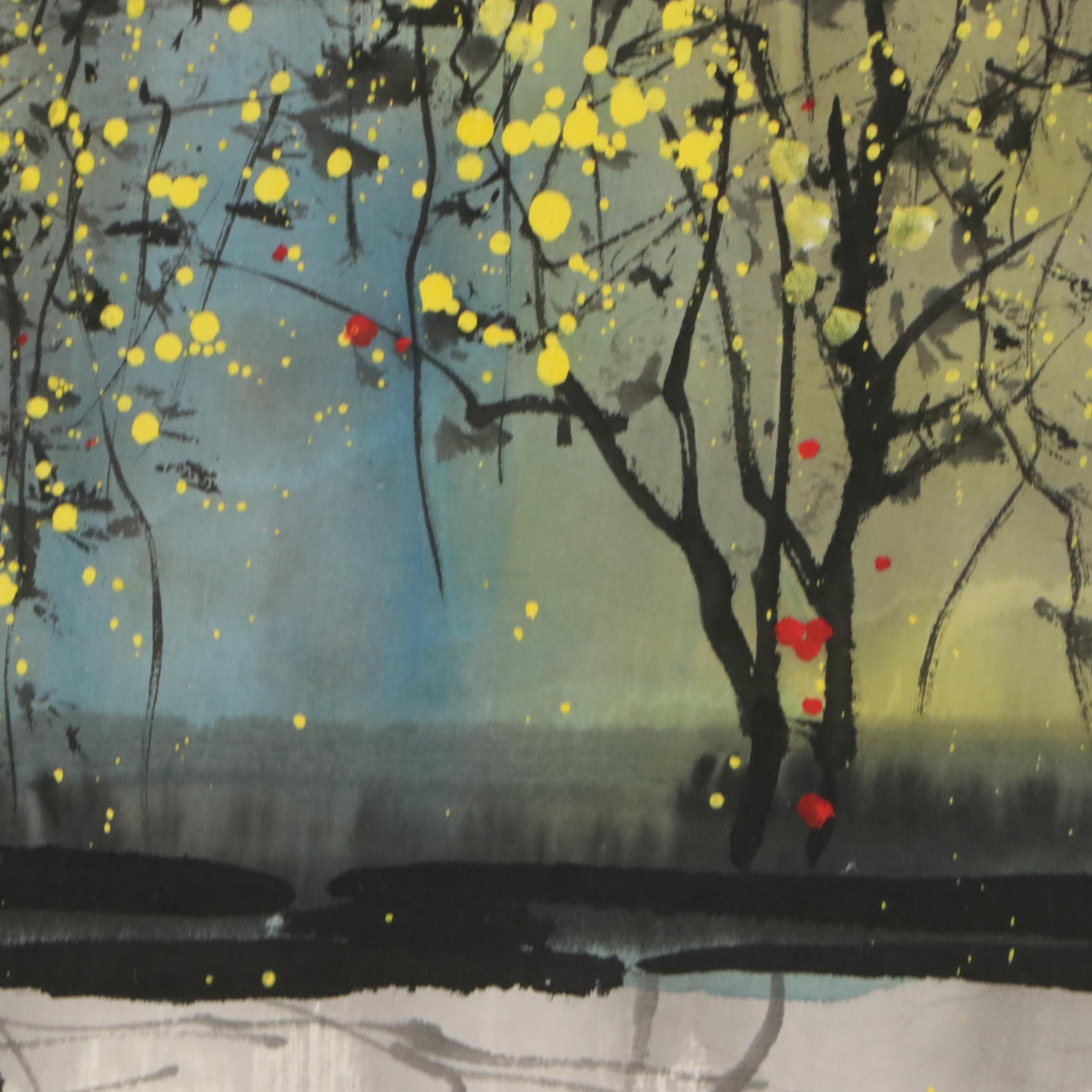 Chinese School Gouache Painting of Building with Trees, Late 20th to 21st C.