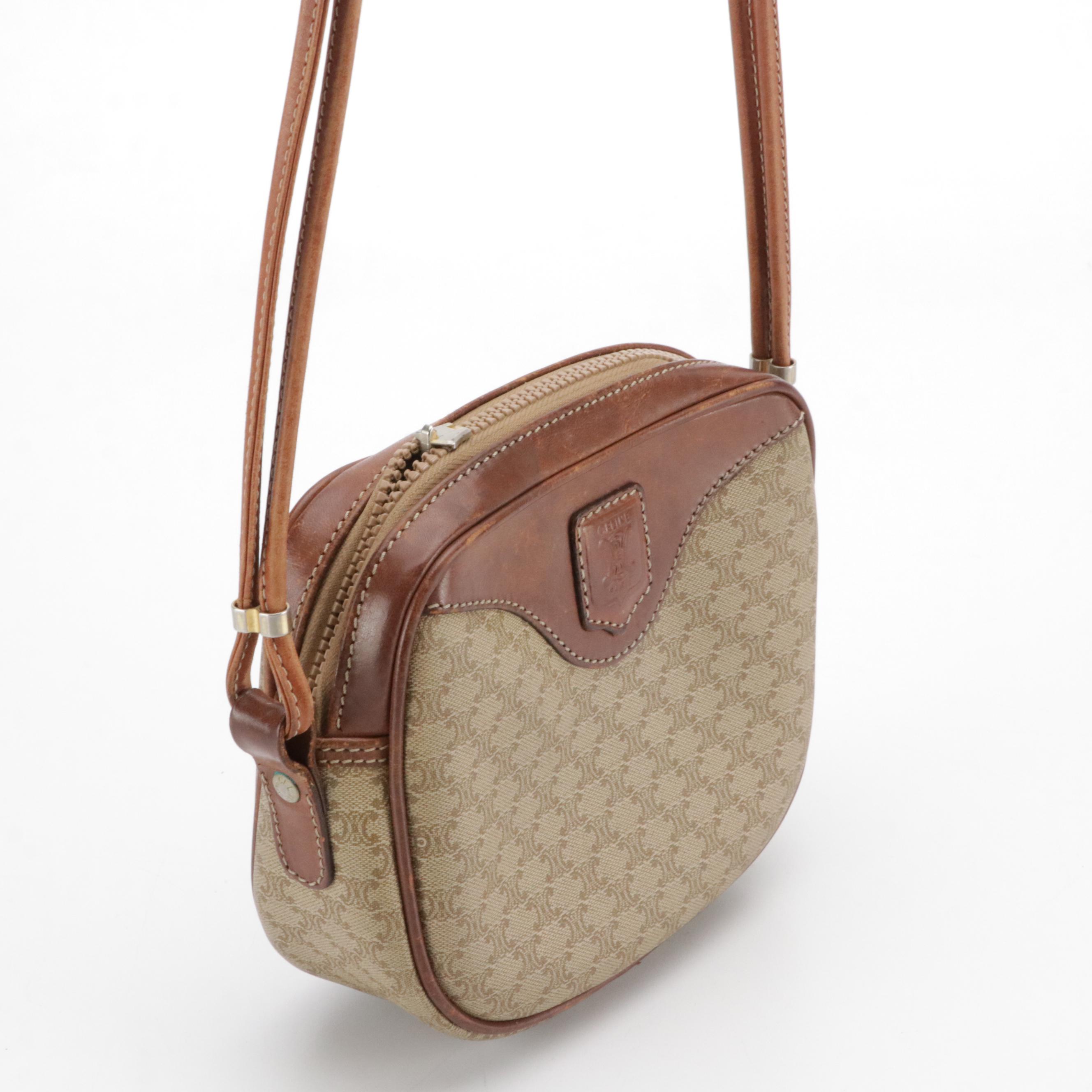 Celine Crossbody Bag in Beige Macadam Canvas and Leather Trim