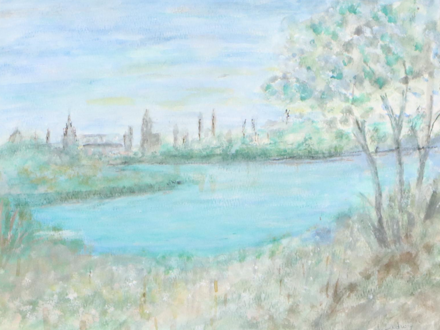 L Ludwig Abstract Watercolor Painting of River Landscape, Late 20th Century