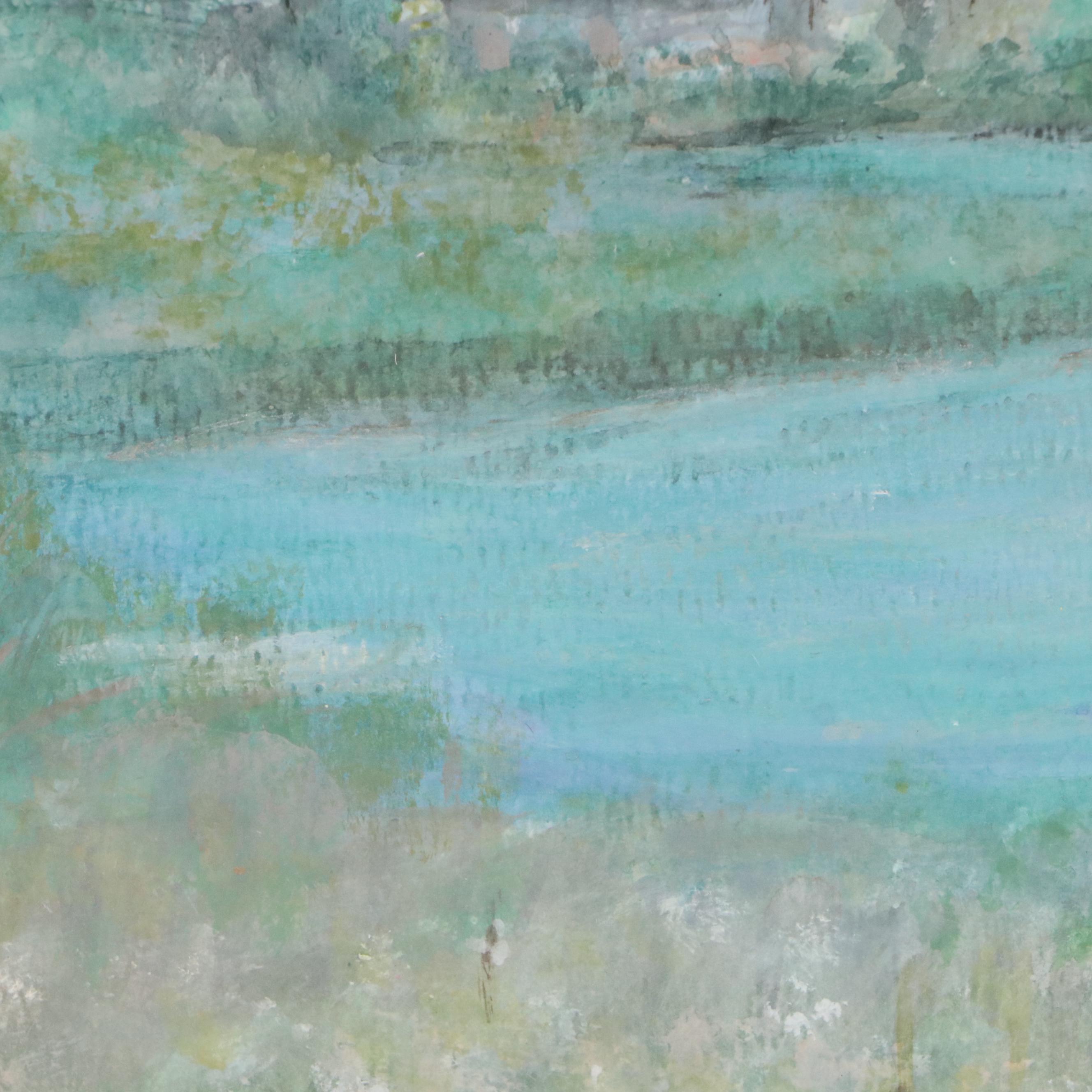 L Ludwig Abstract Watercolor Painting of River Landscape, Late 20th Century