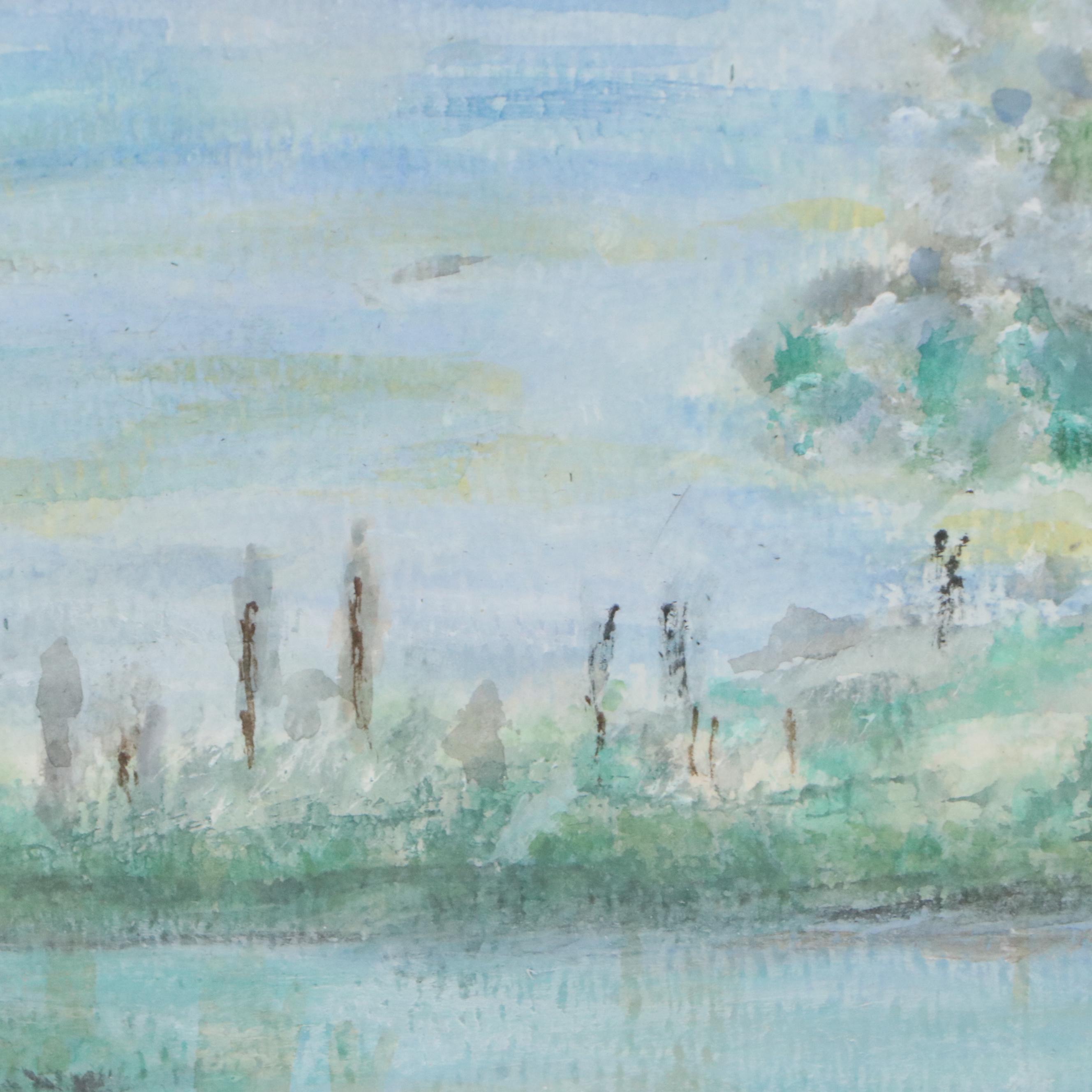 L Ludwig Abstract Watercolor Painting of River Landscape, Late 20th Century