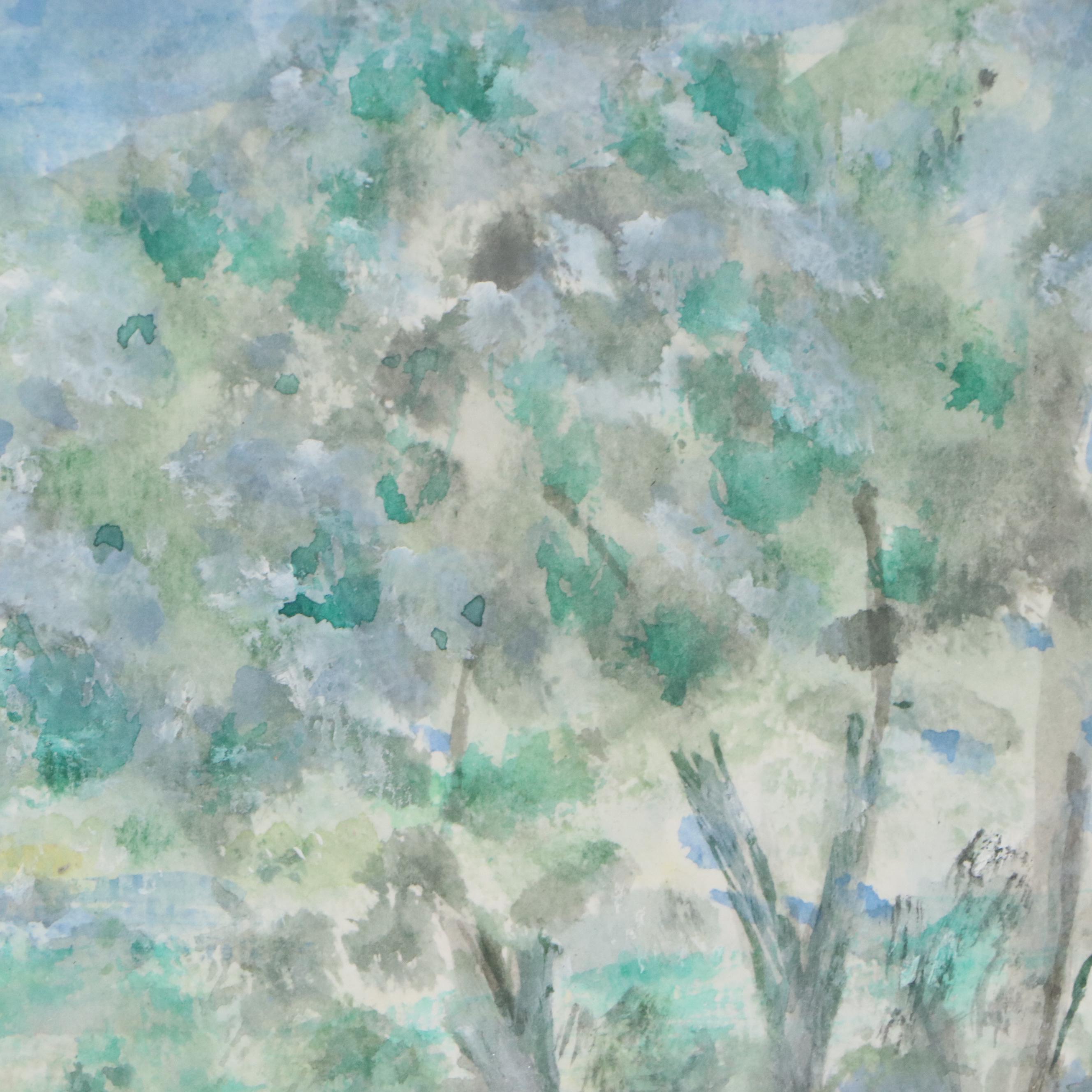 L Ludwig Abstract Watercolor Painting of River Landscape, Late 20th Century