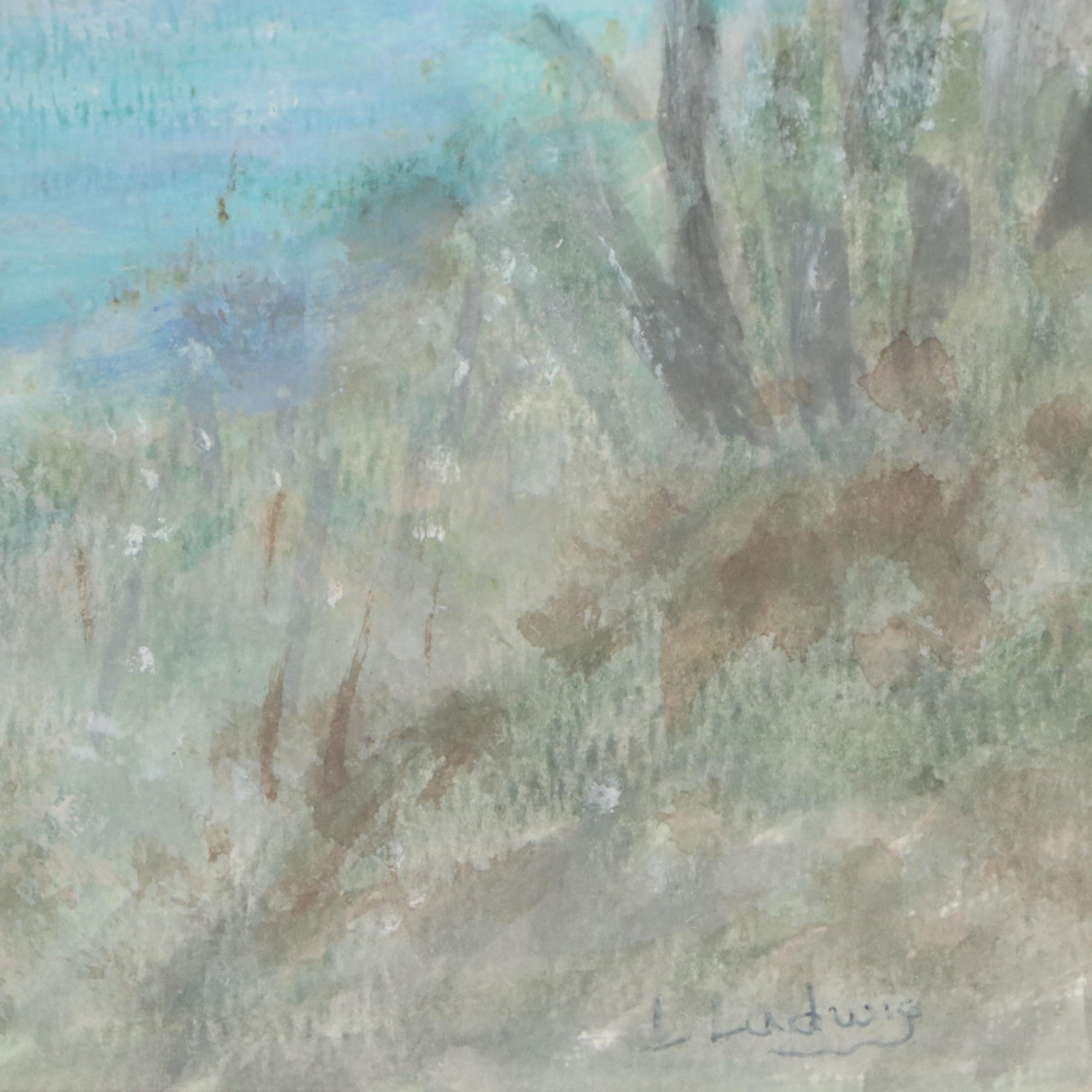 L Ludwig Abstract Watercolor Painting of River Landscape, Late 20th Century