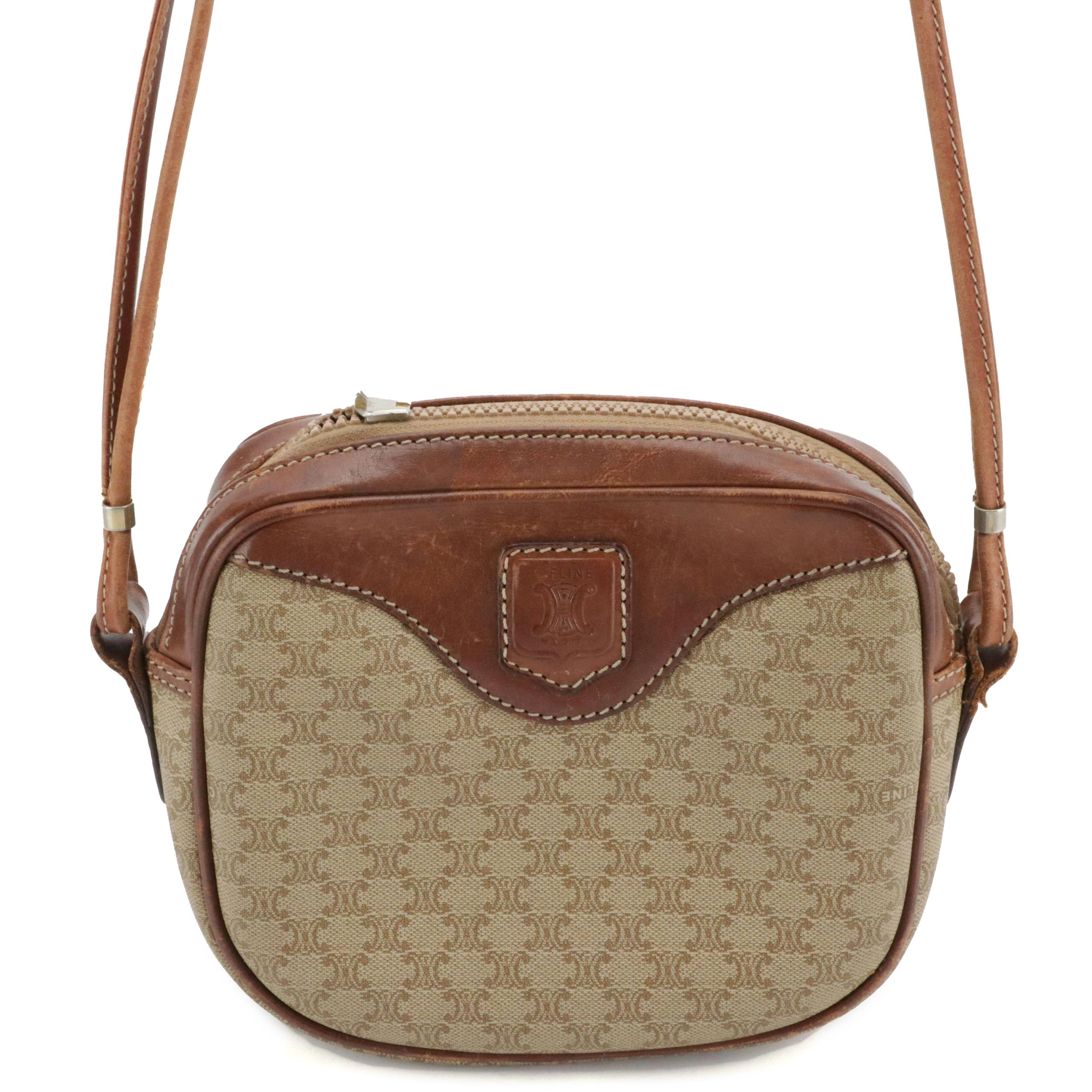 Celine Crossbody Bag in Beige Macadam Canvas and Leather Trim
