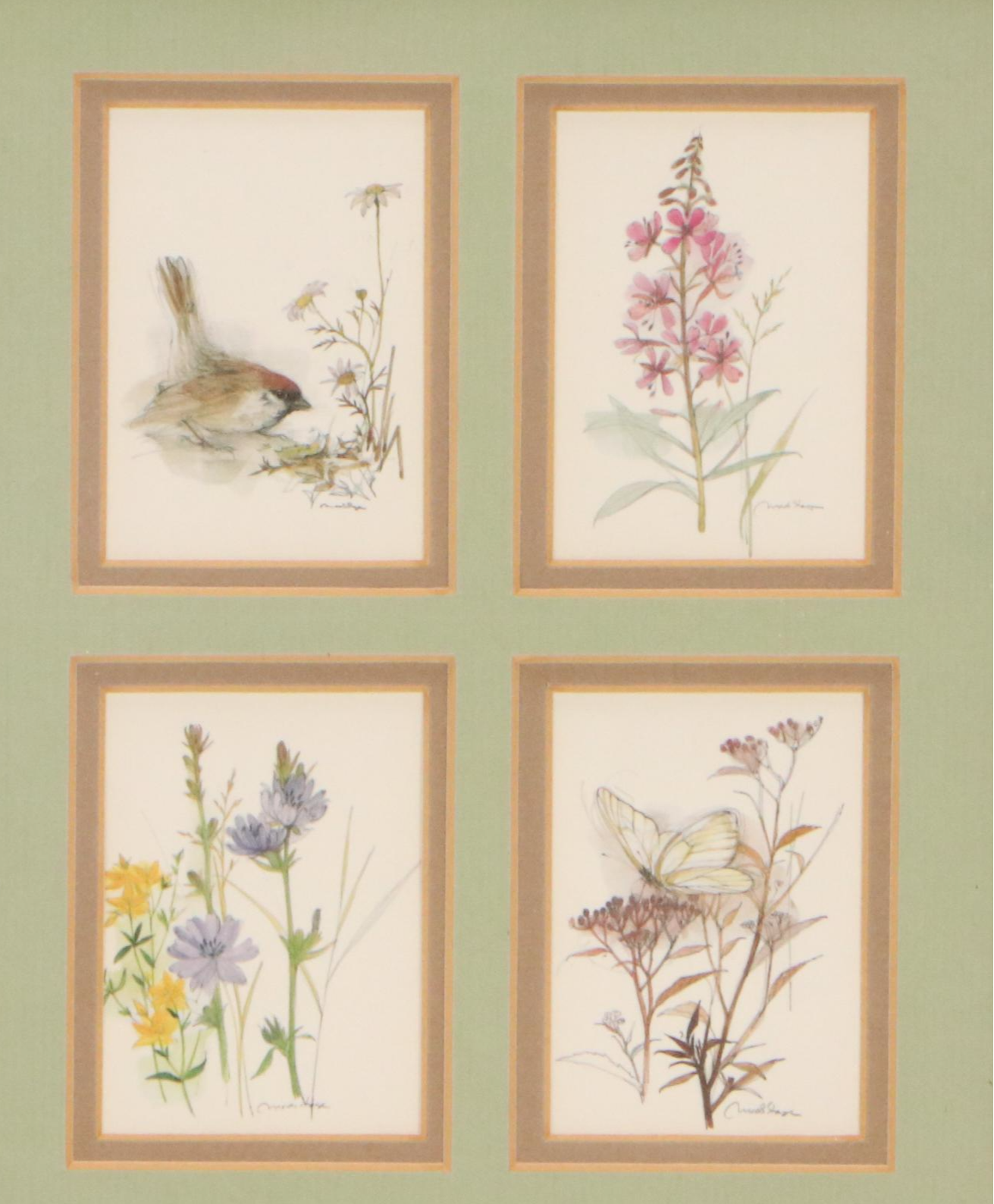 Offset Lithographs of Wildflowers with Bird and Butterfly, Late 20th Century