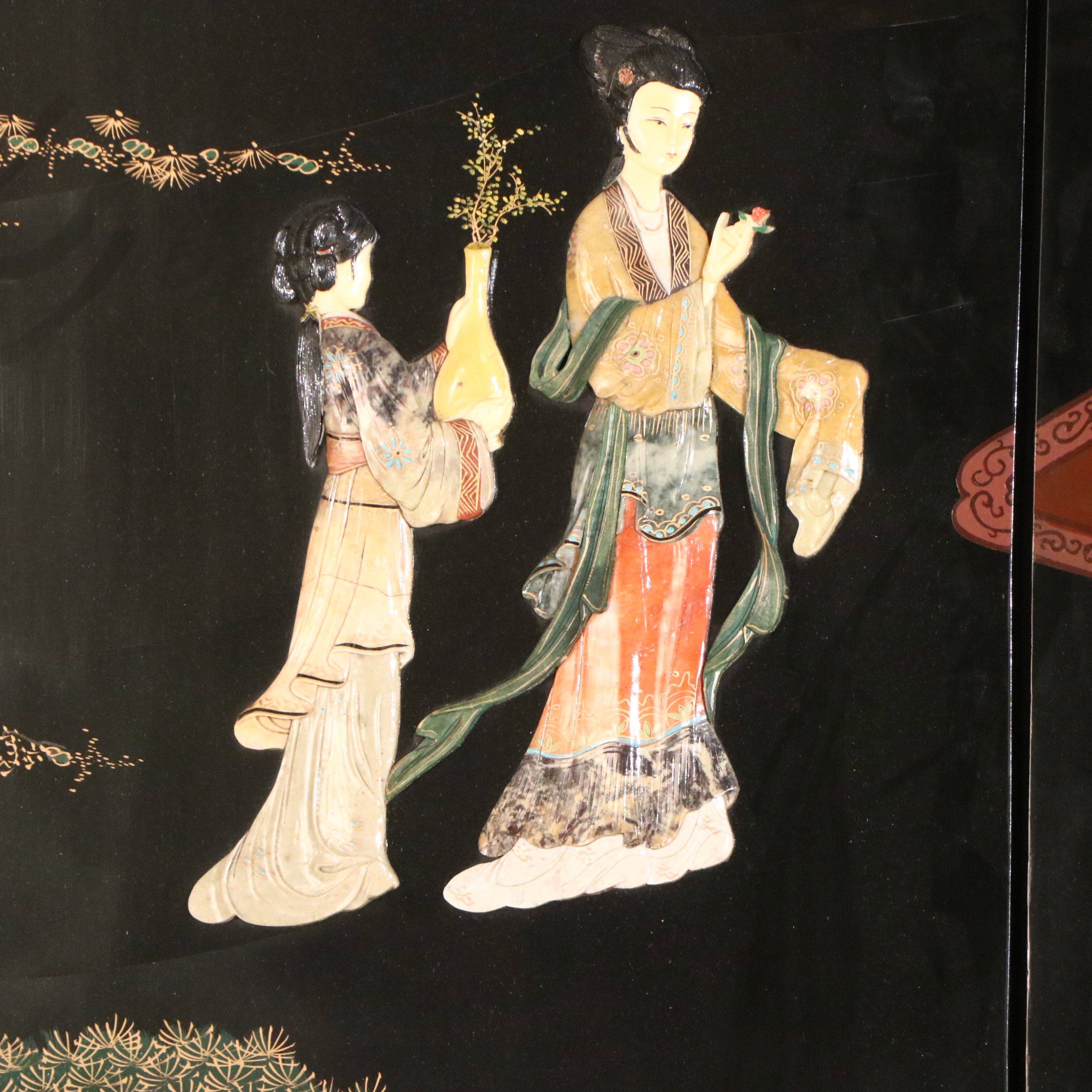 Chinese Lacquered Room Divider Depicting Imperial Palace Scene