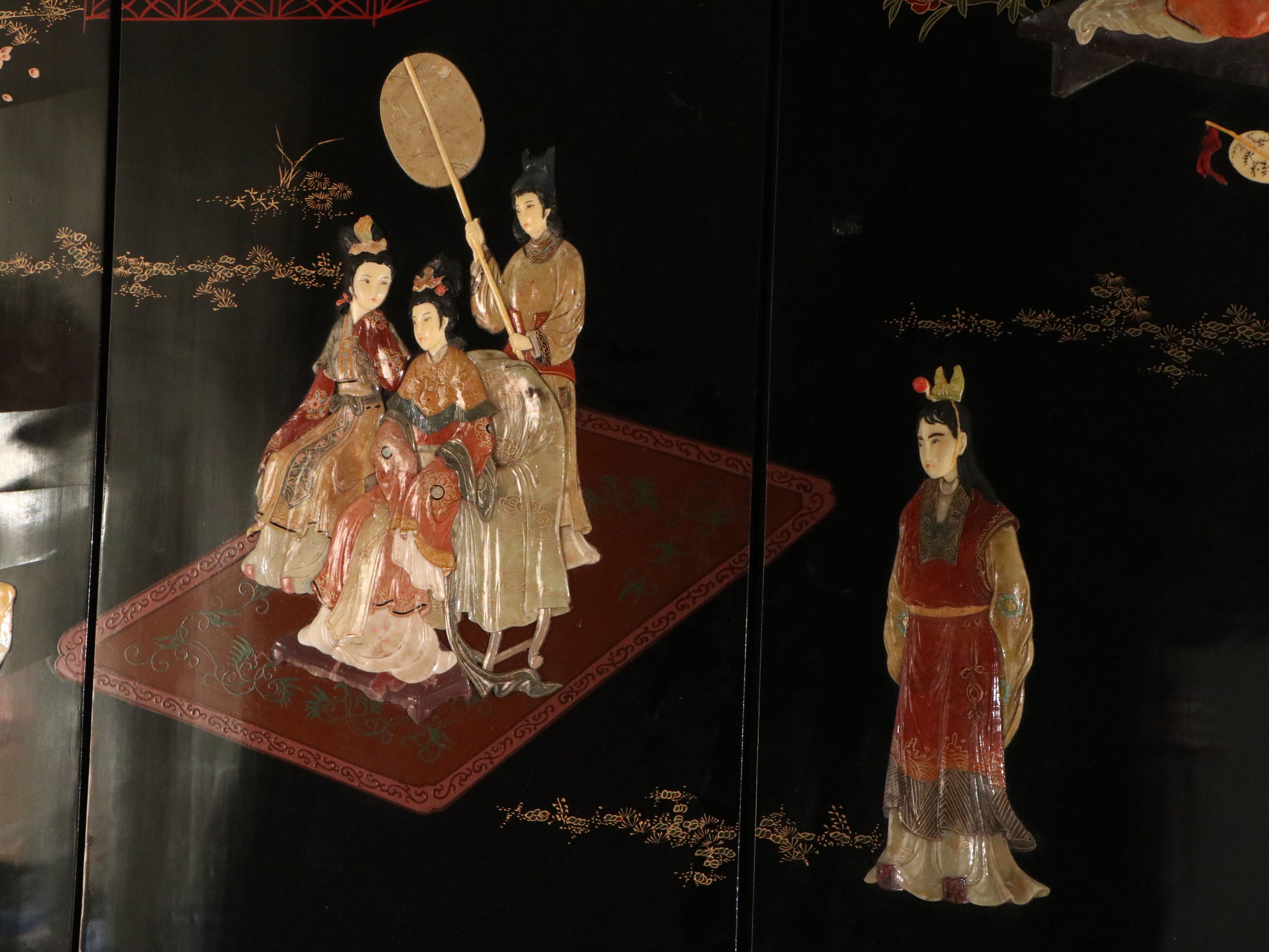 Chinese Lacquered Room Divider Depicting Imperial Palace Scene